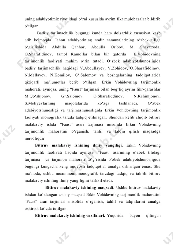etildi. bitiruv malakaviy ishining tuzilishi va hajmi. ushbu bitiruv malakaviy ish 2 bob (4 fasl), xulosa va foydalanilgan adabiyotlar ro‘yxatidan iborat. i. bob. erkin vohidov va o‘zbek tarjimachilik taraqqiyoti 1.1. gyote va uning “faust” asari haqida tarjima so‘z san’ati rivojini belgilaydigan muhim omillardan biridir. irqi va dini, o‘y-qarashlari farqli bo‘lgan el-elatlar orasidagi makon va zamon chegaralarini, so‘zsiz, tarjima orqali yengib o‘tish mumkin. binobarin, tarjima uchun umumbashariy g‘oya-fikrlarni o‘zida mujassam etgan asarlar tanlanishi tarjimon muvaffaqiyatini ta’minlashda hal qiluvchi ahamiyatga ega. shuningdek, mahorat bilan amalga oshirilgan tarjima nafaqat asar muallifini, balki tarjima muallifini ham mashhur qiladi. demak, tarjima jarayoni bilan bog‘liq mashaqqatli mehnat tarjimonga asarga qayta jon bag‘ishlovchi ikkinchi muallif maqomini beradi. bu esa tarjimon oldidagi mas’uliyat nechog‘lik ulkan ekanligini ko‘rsatadi. tarjima uchun yuksak umumbashariy g‘oyalar bilan sug‘orilgan asar tanlash u qadar mushkillik tug‘dirmas, biroq uning tarjimasi bilan bog‘liq mas’uliyat susaysa, nafaqat tarjimon, balki asar muallifi haqida ham biryoqlama taassurot paydo bo‘lishi …