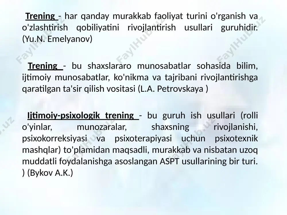 zaro ta'sirlari yig'indisi bo'lib, guruhning vaqt o'tishi bilan rivojlanishi yoki harakatini ifodalaydi. guruh dinamikasi bir qator elementlar bilan ifodalanadi: guruh maqsadlari; guruh normalari (qoidalari); guruh tuzilishi (guruh rollari); guruhning birlashishi; guruhning rivojlanish bosqichlari. guruh dinamikasining elementlari: guruh maqsadlari; guruh guruh tuzilishi (guruh rollari); birlashishi ; guruhning rivojlanish bosqichlari . guruhning maqsad va vazifalari guruhga kiritilgan kishilar bilan amaliy ishlarning umumiy tizimi bilan belgilanadi. masalan, trening guruhining maqsadi muloqot ko'nikmalarini, shaxslararo o'zaro ta'sir uslubini va boshqalarni yaxshilashdir. normlar (qoidalar) - bu ishtirokchilarning xatti-harakatlariga rahbarlik qiluvchi va ularni buzganlik uchun sanktsiyalar va jazolarni belgilaydigan qabul qilingan xatti-harakatlar qoidalari. 1. ochiqlik va samimiylik. 2. "yorliqlar" dan foydalanishni rad etish. guruh a'zolari hukm qilishdan ko'ra tushunishga harakat qilishlari kerak. 3. konstruktiv fikr bildirish 4. xulq-atvorni nazorat qilish. 5. mas'uliyat 6. “to‘xtash” qoidasi. 7. maxfiylikni saqlash 8. tolerantlik. guruh tuzilishi va guruh rollari guruhning tuzilishi, bir tomondan, rasmiy (trener va mijozlar), boshqa tomondan, u norasmiy, …