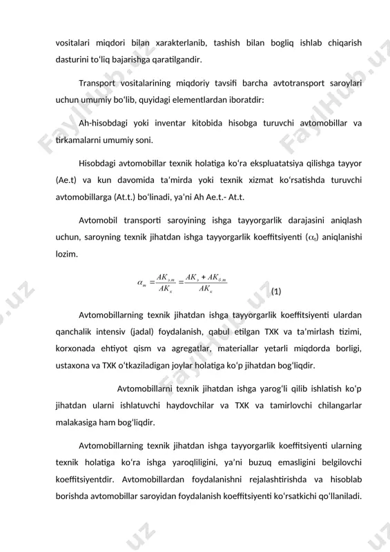 atsiyadagi avtomobil kunlar (ake) yigindisining avtomobil-kalendar kunlar (akk) yigindisiga nisbati sifatida aniqlanadi, ya’ni: (2) ats laridagi avtomobillardan foydalanish koeffitsiyentiga yana xafta davomidagi ish kunlari (5, 6 yoki 7 kun) katta ta’sir ko‘rsatadi. 3. avtomobillar saroyi quvvati va tarkibi. avtomobillar saroyi quvvati tushunchasi faqatgina avtomobillar miqdori bilangina aniqlanib qolmay, balki bunda saroyda bor barcha tur va modelli avtomobillarning bir yo‘la umumiy yuk ko‘taruvchanligi yoki passajirlar sigdira olishi tushuniladi va uni quyidagi formula bilan aniqlanadi: t(pass) (3) bunda axi-ma’lum model (marka)li avtomobillar soni; qni- ma’lum modelli avtomobilning nominal yuk ko‘taruvchanligi yoki passajirlar sigdira olish xususiyati. avtomobillar saroyi tarkibi deyilganda ularda bor avtomobillarning turlari va modellarining umumiy avtomobillar soniga nisbatan foiz hisobidagi ko‘rsatkichidir. 4. marshrutlarda avtomobillarni ishlatish. transport vositasining yuk ko‘taruvchanligi (passajirlar sigdirishi) va undan foydalanish. muayyan kalendar davr ichidagi avtomobillarning o‘rtacha yuk ko‘taruvchanligi quyidagi formula orqali topiladi: t(pass) (4) passajirlar sigimi yoki yuk ko‘taruvchanlikdan foydalanish ko‘pincha bir xil bo‘lmaydi va ular ushbu …