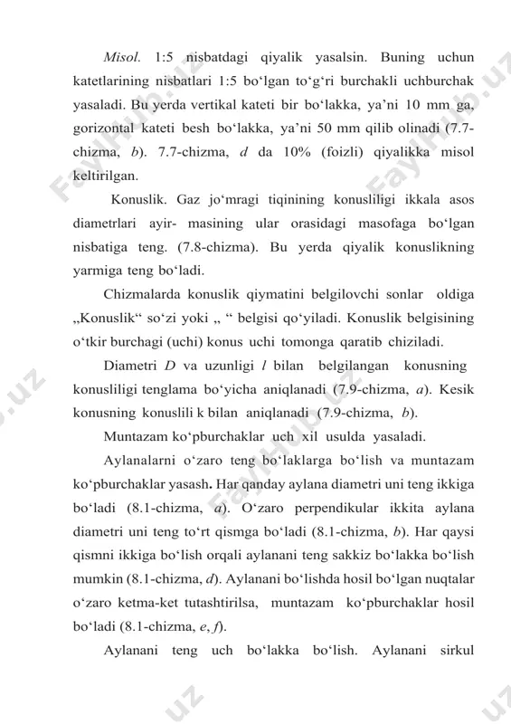 i d=50mm va d=30mm berilgan. uning konusligini aniqlash uchun k= demak k 1:5 ga teng. konussimon teshikning (10-shakl,b) bo’yi l=60 mm, konusligi k= kichik asosi diometri d=30 mm. uning katta asosi diometri d ni aniqlash ko’rsatilgan. konuslik formulasidan katta asos diometri quyidagicha bo’ladi: d=kl+d x 60 +30 = 50 shunday qilib katta asosning diometri d+50 mm ekan image6.png image7.wmf oleobject1.bin image8.png image9.wmf oleobject2.bin image10.wmf oleobject3.bin image11.wmf oleobject4.bin image12.wmf oleobject5.bin image13.png image14.png image1.png image2.png image3.png image4.png image5.png ¥ tg l d , 5 100 30 50 l = - 3 4 3 1