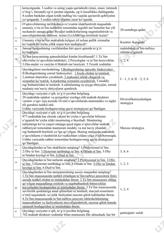 lishi 7.topshiriq va vazifalarni bajarilishi. 8.muhokamalardagi (tanqidiy) ishtirok. 9.koligrafiya 10.hamkorlik 2, 3, 5, 7, 8, 10 27. ish beruvchi kasaba uyushmasi qo‘mitasining xodim bilan mehnat shartnomasini bekor qilishga rozilik berish to‘g‘risidagi qarori qabul qilingan kundan boshlab qancha vaqtdan kechiktirmay mehnat shartnomasini bekor qilishga haqlidir? 1 oy 28. quyidagilardan boshqaruv faoliyatida va o‘quv (dars) jarayonida foydalaniladigan internet manbalarini to‘g‘ri moslashtiring? a. boshqaruv faoliyati b. o‘quv (dars) jarayoni 1.emaktab.uz 2.ziyonet.uz 3.xanakademiyasi.uz 4.erp.maktab.uz 5.maktab.uz 6.utube.uz 7.e-shahodatnoma.uz 8.my.mehnat.uz a. 1, 4, 7, 8 b. 2, 3, 5, 6 29. oʻzbekiston respublikasi xalq taʼlimi tizimini 2030-yilgacha rivojlantirish konsepsiyasiga muvofiq kadrlarning sifat tarkibini yaxshilash boʻyicha qanday maqsadli koʻrsatkichlar belgilangan? 1.oʻqituvchilarni zamonaviy malaka talablari asosida sinov (test)dan oʻtkazish va kasbiy litsenziya berish. 2.ingliz tilini b2 darajasida biladigan o‘quvchilarning ulushini 2030-yilgacha 25% yetkazish. 3.umumiy o‘rta ta’lim maktablaridagi oʻqituvchilar orasida oliy maʼlumotli oʻqituvchilar ulushini2030-yilgacha 100% yetkazish. 4.menejerlik sertifikatiga ega bo‘lgan umumiy o‘rta ta’lim maktab rahbarlari ulushini 2030-yilgacha 100% yetkazish. …