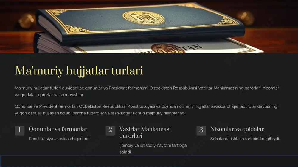 a jamiyatga, shuningdek, davlat organlariga ta'sir ko'rsatadi. ular fuqarolarga o'z huquqlarini amalga oshirishda va davlat bilan munosabatda bo'lishda yordam beradi. davlat organlarining faoliyatini tashkil etishda va tashkilotlar orasida samarali hamkorlikni ta'minlashda yordam beradi. fuqarolarga ta'siri huquqlarni amalga oshirishda yordam beradi. davlat organlariga ta'siri faoliyatni tashkil etishda yordam beradi. ma'muriy hujjatlar va qonunlar o'rtasidagi farqlar ma'muriy hujjatlar va qonunlar o'rtasida kuch va amal qilish muddati, qabul qilish tartibi kabi farqlar mavjud. ma'muriy hujjatlar qisqa muddatli va tez o'zgaruvchan bo'lishi mumkin, qonunlar esa ko'proq umumiy xarakterga ega va uzoq muddatli ta'sirga ega. qonunlar odatda parlament tomonidan qabul qilinadi, ma'muriy hujjatlar esa davlatning turli organlari tomonidan chiqariladi. xususiyat ma'muriy hujjatlar qonunlar kuch va muddat qisqa muddatli uzoq muddatli qabul qilish davlat organlari parlament xulosa ma'muriy hujjatlar o'zbekistonda davlat boshqaruvining samarali amalga oshirilishini ta'minlashda asosiy vositadir. ular qonunlar, qarorlar va boshqa normativ-huquqiy hujjatlar asosida chiqariladi va jamiyatda tartibni saqlash, fuqarolarning huquqlarini himoya qilish, ijtimoiy …