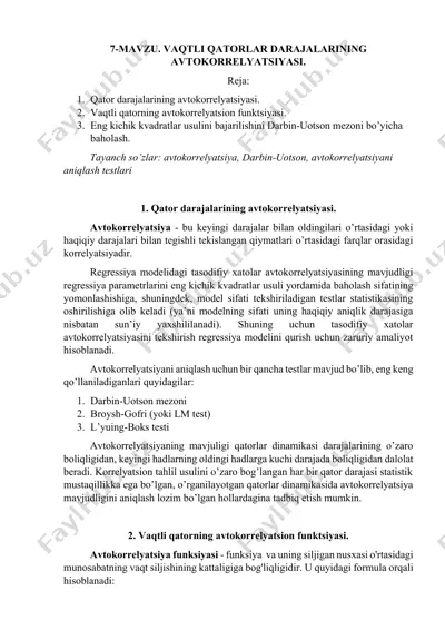 vaqtli qatorlar darajalarining avtokorrelyatsiyasi — DOCX