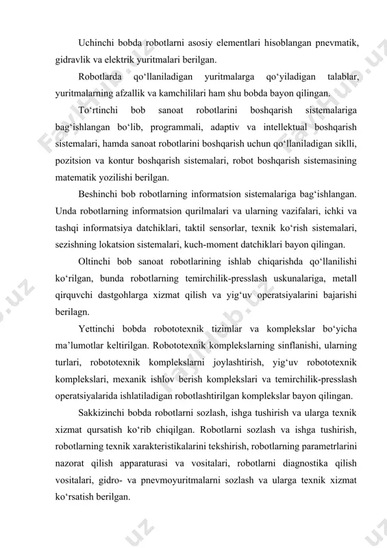 ‘qqizinchi bobda robototexnikada unifikatsiyalash va standartlashtirish bo‘yicha ma’lumotlar keltirilgan. o‘ninchi bobda sanoat robotlarini ishlatishda mehnat havfsizligi bayon qilingan. keying boblarda robototexnikada unifikatsiya va standartlashtirish, intellektual robotexnik tizimlar, mexatronika va robototexnikaning xozirgi zamon texnikaning yangi yo’nalishi ekanligi bayon qilingan kurs ishining maqsadi: o’quvchilarga kurs ishi orqali robototexnika dasturlash sohasini maktablarda joriy qilish samaradorligini o’rgatish kurs ishining vazifasi: qat'iy dastur asosida ishlaydigan robot kurs ishining ob'ekti: ikki g`ildirakli transport robotlari harakatini dasturlash kurs ishining predmeti: robotlarni dasturlar bilan boshqarish kurs ishining tuzilishi: kurs ishi kiris qismi, 2 ta bob, 6 ta reja, xulosa va foydalanilgan adabiyotlardan iborat. i.bob.robototexnika dasturlash sohasini maktablarda joriy qilish samaradorligi 1.1. robotlar haqida umumiy tushunchalar va ta’riflar. “robot” so‘zi birinchi marotaba 1920 yilda chex yozuvchisi k. chapekning “rur” (rossum universal robotlari) pesasida ishlatilgan. robot tushunchasi keng doiradagi turli sistemalar va qurilmalar bilan bog‘liq. robotning turli xil avtomatik sistemalar va qurilmalardan asosiy farqi, unda odam harakatlariga o‘xshash harakatlar qila …
