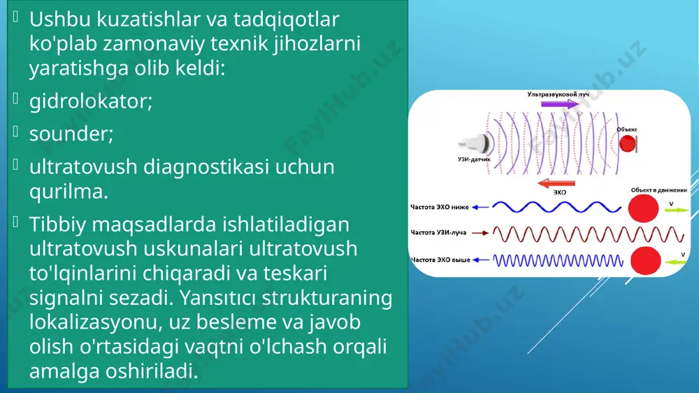 a qiladi. qarama-qarshi tomon radiatsiya yutuvchi qatlam bilan qoplangan, bu esa boshqa tomonlarga tarqalishining oldini oladi. uning dizayni va yuqori sezuvchanlik parametri tufayli sensor turli xil sozlamalarga osonlik bilan javob beradi, shuningdek, ma'lum bir chuqurlikka e'tibor qaratish imkonini beradi. fokusning uchta asosiy zonasi mavjud: yaqin. sensorga ulashgan. ovoz to'lqinlari bir-biriga qo'shilib, heterojen maydon va buzilgan tasvir yaratiladi. eng yaxlit muhit qorong'i yoki aniqlangan chiziqlar shaklida ko'rsatiladi. ushbu usul tasvirni tahlil qilish uchun mos emas, lekin sensorni sozlash yoki suv tamponidan foydalanish orqali yaxshilanishi mumkin; fokus. bu o'rganilayotgan ob'ektning aniq rasmini olish imkonini beradi, chunki u ultratovush nurining eng kichik diametri va yuqori to'lqin zichligiga ega; uzoq. zichlikning zaiflashishi va piksellar sonini kamaytirish bilan nurli ko'zlarning tarqalishi bilan tavsiflanadi. ruxsat berish (optik yoki akustik) tahlil samaradorligini ko'rsatadigan asosiy xususiyatlardan biridir. bu ikki ko'rsatilgan ob'ektlar orasidagi masofaga asoslangan. ushbu parametrni oshirish tahlil ob'ekti va boshqa to'qimalar o'rtasida sezilarli akustik farqlar mavjud bo'lganda …