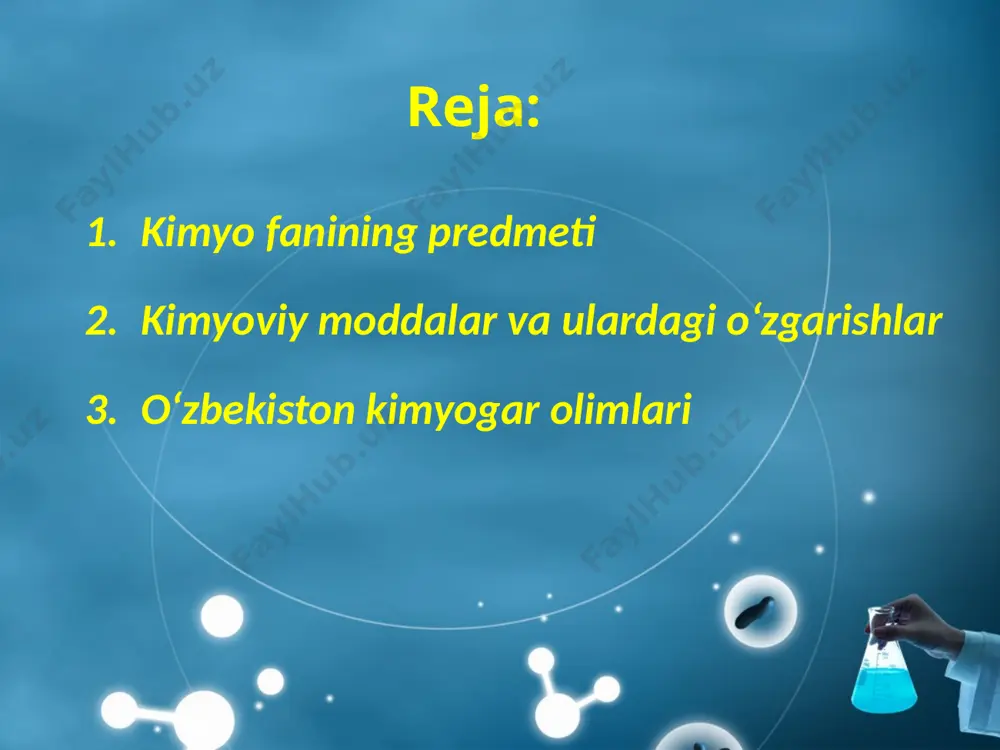 o bo‘lgan o‘nlab kimyoviy mahsulotlar ishlab chiqarish yo‘lga qo‘yildi. yerosti foydali qazilmalari zaxiralaridan oqilona foydalanish orqali sanoat uchun qimmatbaho bo‘lgan o‘nlab kimyoviy mahsulotlar ishlab chiqarish yo‘lga qo‘yildi. yurtimizning taniqli kimyogar olimlari – k.s. ahmedov, n.a. parpiyev, sh.i. solihov, n.r. yusupbekov, m.a. asqarov, s.n. ne’matov, a.a. abd u vahobov, z.s. salimov, s.sh. rashidova, m.o. obidova, t.m. mirk omilov, b.m. beglov, s.i. iskandarov, x.r. rustamovva boshqa larning olib borgan va bugungi kunda amalga oshirayot gan ilmiy tadqiqotlarining natijalari o‘zbe kistonda kimyo fani va sanoatin ing rivojlanishida o’z hissalarini qo’shdilar. o.s. sodiqov (1913–1987). o‘zfa akademigi, kimyo fanlari doktori, professor. 600 dan ortiq ilmiy maqolalari, 100 dan ortiq ixtirolari bor. o.s. sodiqov s.y. yunusov (1909–1991). o‘zfa akademigi, kimyo fanlari doktori, professor. 600 dan ortiq ilmiy maqolalar, 100 dan ortiq ixtirolar, 10 dan ortiq monografiyalar muallifi. s.y. yunusov n.a. parpiyev (1931). o‘zfa akademigi, kimyo fanlari doktori, professor. o‘zbekistonda xizmat ko‘rsatgan fan arbobi. 700 dan ortiq …