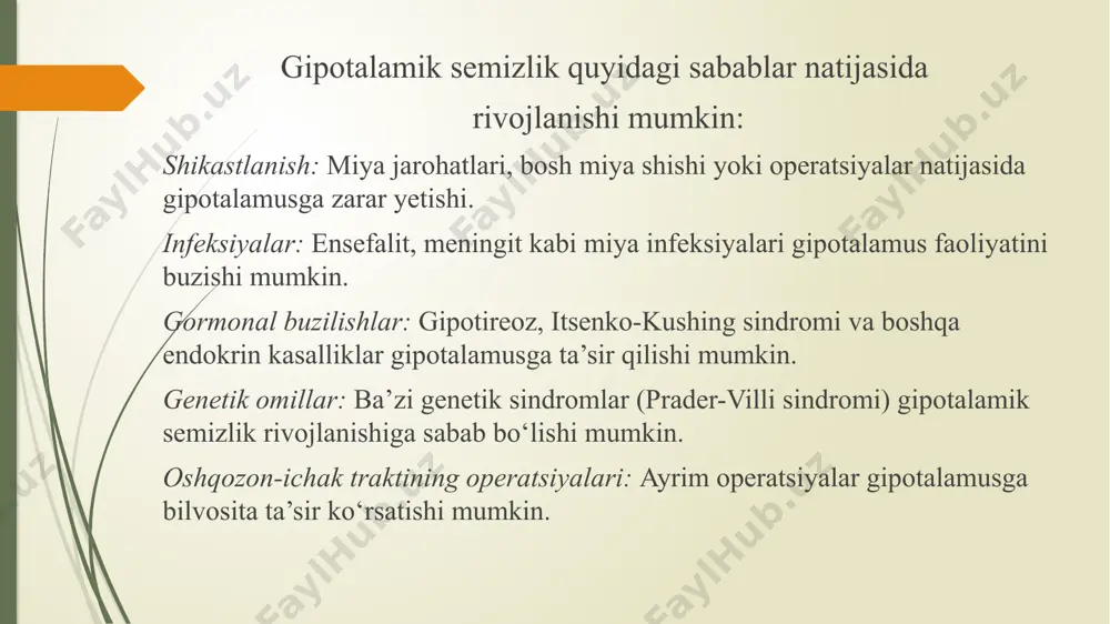 salliklar rivojlanishi mumkin. gipotalamik semizlikning turli shakllari mavjud bo‘lib, ular gipotalamusning qaysi qismi zararlanganiga va kasallikning kelib chiqish sabablariga qarab farqlanadi. gipotalamik semizlikning asosiy shakllari: 1. gipotalamusning funksional (funksional-gipotalamik) zararlanishi bilan bog‘liq shakli- bu shakl odatda uzoq muddatli stress, psixo-emotsional yuklama, noto‘g‘ri ovqatlanish va hayot tarzi bilan bog‘liq bo‘ladi. asosiy xususiyatlari: ishtaha ortishi; vegetativ nerv tizimi disfunktsiyasi rivojlanadi (bosim o‘zgarishi, uyqu buzilishi, terlash va h.k.). 2. organik gipotalamik shakli- bu shakl gipotalamusning jiddiy organik zararlanishi natijasida yuzaga keladi. bunga quyidagilar sabab bo‘lishi mumkin: shikastlanishlar (bosh miya jarohati, operatsiya natijalari). o‘simtalar (kraniofaringioma, gormon ishlab chiqaruvchi yoki ishlab chiqarmaydigan adenomalar). yallig‘lanish kasalliklari (ensefalit, meningit va boshqalar). 3.gormonal (endokrin) shakli- bu shakl gipotalamusning endokrin tizim bilan bog‘liq buzilishlari natijasida rivojlanadi. gipotalamus gipofiz beziga ta’sir qilgani uchun, quyidagi holatlar yuzaga kelishi mumkin: gipotireoz (qalqonsimon bezning sust ishlashi). giperkortitsizm (kortizolning haddan tashqari ishlab chiqarilishi). insulin rezistentligi va qandli diabet. jinsiy gormonlar ishlab chiqarilishining pasayishi (gipogonadizm). …