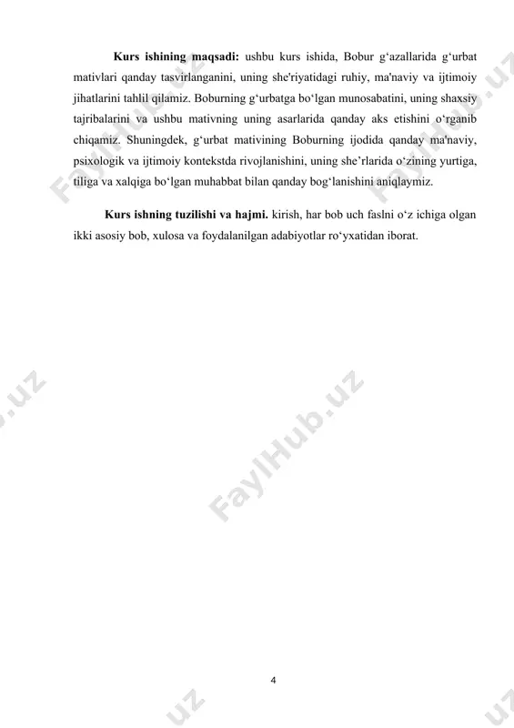 aks ettirishda “g‘urbat” matividan keng foydalanadi. uning she'rlarida g‘urbatning ruhiy og‘rig‘i va yurakdagi bo‘shliq nafaqat o‘zining, balki uning o‘tmishdagi jamiyatining, millatining ham ayriliqni his qilishiga olib kelgan. g‘urbat va boburning muhabbatga munosabati boburning g‘azallarida g‘urbat muhabbat mativi bilan ham chambarchas bog‘liqdir. g‘urbatni tasvirlashda, bobur ko‘pincha sevgilisi yoki vatandagi yaqinlari bilan bo‘lgan munosabatlarini eslab, bu azobli ayriliqni muhabbat bilan bog‘laydi. g‘urbat bobur uchun bir tomondan, sevganidan ayrilishning psixologik og‘rig‘i, boshqa tomondan esa, muhabbatga nisbatan chuqur ehtirom va o‘zga yurtdagi muhabbatni eslab, hissiy iztiroblarni keltirib chiqaradi. bobur o‘zining g‘azallarida sevgi, sog‘inch va g‘urbatni bir-biriga uyg‘unlashtirib, yurakdagi iztiroblar va ma'naviy og‘riqlarni aks ettiradi. u g‘urbatni nafaqat jismoniy oraliq sifatida, balki qalbdagi og‘riq, o‘ziga bo‘lgan muhabbat va xotiralarni eslab, ruhiy jarayon sifatida ko‘radi. boburning g‘urbatni anglashdagi o‘ziga xos yondashuvi boburning g‘urbatga bo‘lgan munosabati ko‘plab jihatlardan o‘ziga xosdir. u, g‘urbatni faqat tashqi holat sifatida emas, balki ichki o‘zgarishlar, ma'naviy tarbiya sifatida ham tasvirlaydi. g‘urbat uning …