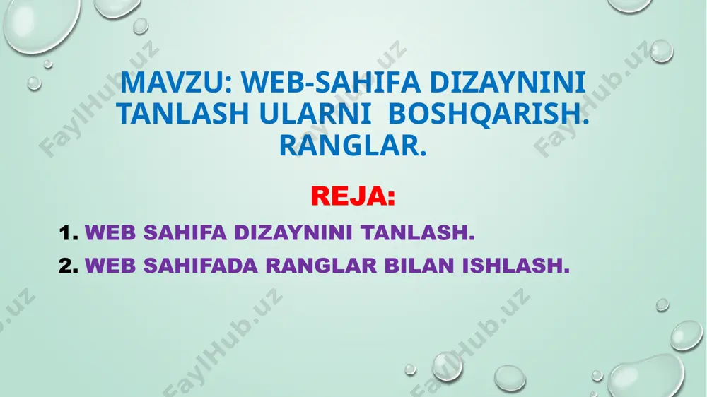 m matn rangini o’zgartirish style atributi yordamida matn rangini o’zgartiriladi. masalan: sinov sahifa bu mening sarlavham veb sahifa fonini sozlash veb sahifa yaratish bo'yicha o’quvchilarning malakasi juda tez o'smoqda. darslikdagi mashg’ulotlar juda qiziq va maroqli deb umid qilamiz. xuddi matn rangi kabi veb sahifa foni rangini wey o'zgartirsa boladi. fon rangini almashtirish uchun veb sahifaning asosiy tegiga qo'shimcha ma'lumot kiritiladi. masalan: sinov sahifa amaliy topshiriq veb sahifadagi asosiy matn fonini qizil ranga o’zgartirin javoblar 2. format qo’shtirnoq ichida yoziladi 1.style 3. barcha veb brauzerlarda aks etuvchi shriftlar 4. style atributi 5. 16ta uyga topshiriq 1-mashq yaratilayotgan veb sahifa fonini ffccff rangiga o’zgartiring. 2-mashq o’zingiz yaratayotgan veb sahifani oching va sarlavha shriftini arialga o’zgartiring. image2.png image3.png image4.jpg image5.jpg image6.jpg image7.png image1.png /docprops/thumbnail.jpeg