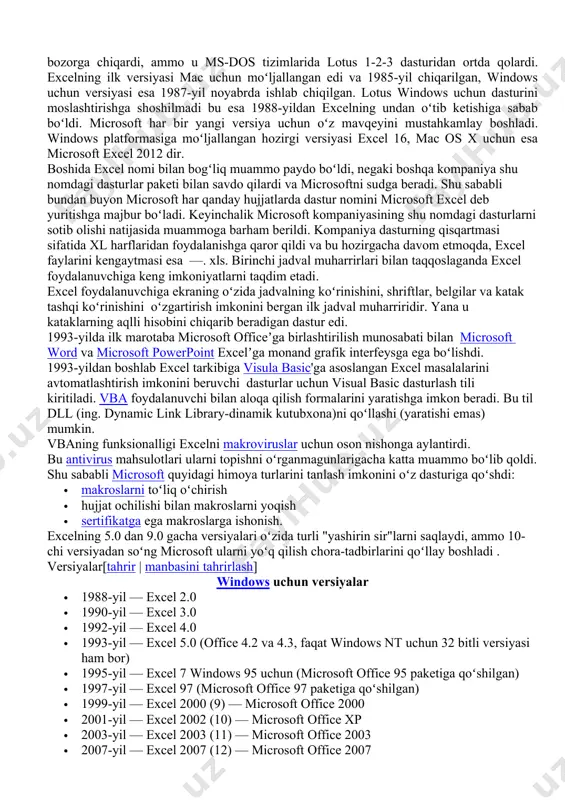 gandan ham ziyodroq muvaffaqiyatga erishdi. ammo 1997-yil microsoft firmasi tomonidan excel dasturi taqdim etildi, u hozirgi kunda ham oʻz sinfidagi eng quvvatli dastur hisoblanadi. shubha yoʻqki, excel eng ommabop dasturlardan biridir. bu dastur ixtiyoriy axborotni (matnlar, sonlar, sana va hokazolarni) qayta ishlab chiqish va saqlash imkonini beribgina qolmasdan, balki qilgan ishingiz natijasini bezash, koʻrgazmaliroq koʻrsatish va chop etish imkoniyatini beradi. bunda siz winword dasturidagi tahrirlash vositalaridan foydalanishingiz mumkin. dastlab excelning ommaviy imkoniyatlarini oʻzlashtirish qiyin emas, ammo dasturning murakkabligi va imkoniyatlarining juda kengligi sababli ular bilan tanishish uzoq davom etishi mumkin, binobarin, aynan ish jarayonida uning yangi-yangi imkoniyatlarini koʻrish mumkin. elektron jadvallar hayotning har xil sohasida uchraydigan, hisob va iqtisodiy masalalarni echishda, jumladan, oldindan tayyor boʻlgan maʼlumotlarni tezkor ravishda qayta ishlab chiqishda yoki sonli xisobotlar bilan ishlash kabi keng koʻllamli masalalarni echishda qoʻllaniladigan oʻta qulay vosita hisoblanadi. yuqorida taʼkidlanganidek, 1982-yil microsoft cp/m tizimlarida juda ommabop boʻlgan ilk jadval protsessori multiplanni bozorga …