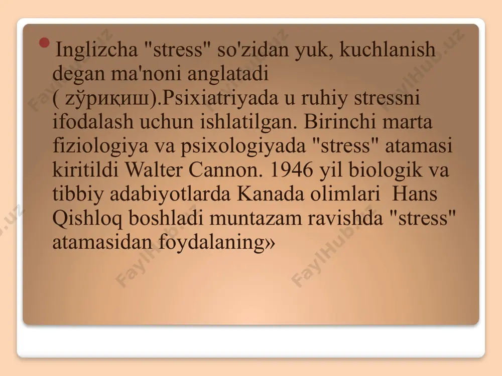 qolish qiyin; - unutuvchanlik, tartibsizlik, tartibsizlik; - qaror qabul qilish qiyin; - diqqatni jamlash qiyin; - jismoniy zaiflik va bosh og'rig'i; - doimiy charchoq va befarqlik; - uyqu buzilishi va ishtaha; - asabiylashish, notinchlik, dam olishning iloji yo'q; stress turlari stressning ikki turi mavjud: 1) eustresses; 2) distresslar; eustress. ushbu kontseptsiya ikkita ma'noga ega. birinchisi, ijobiy his-tuyg'ulardan kelib chiqqan stress, ikkinchisi esa tanani safarbar qiladigan juda kuchli stress emas. qiyinchilik. salomatlikka putur etkazadigan va jiddiy kasallikka olib kelishi mumkin bo'lgan salbiy turdagi stress. tananing o'zi bilan kurashish mumkin emas. ushbu stressdan immunitet tizimi buziladi. bunday holatda, odam osongina infektsiyaning qurboni bo'ladi. hissiy stress psixologik stress-ijtimoiy, psixologik, ekologik va kasbiy tabiatning haddan tashqari omillarining haqiqiy ta'siri natijasida rivojlanayotgan ortiqcha jismoniy zo'riqish va xatti-harakatlarning tartibsizligining funktsional holati. psixologik stress hissiy va axborotga bo'linadi. axborot axborot haddan tashqari yuklanganda paydo bo'ladi. bunday stresslarning yorqin misollari boshqaruv tizimlari operatorlarining ishidir. hissiy insonning jismoniy xavfsizligi, …