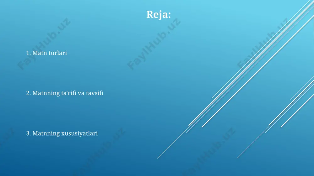 hisobga olinadi. matn koherensiyasi 3 ta asosiy komponent – rematsiya, propozitsion bog'lanish va diskursiv usullar orqali ta'minlanadi, bu 3 komponent matnning mantiqiy yaxlitligini ta'minlaydi. koherensiya darajasi matnda ishlatilgan lug'aviy vositalar, grammatik tuzilmalar va rematsiya elementlarining 5 dan ortiq turini o'z ichiga olishi bilan belgilanadi. matnning asosiy xususiyatlari matnning tipologiyasi 5 turga bo‘linadi: rivoyat, tasvir, bahs, fikrlash va aralash turdagi matnlar. matnning yaxlitligi 2 yoki undan ortiq gaplardan tashkil topgan bo‘lib, ular ma’lum bir mavzu atrofida bir-biri bilan mantiqiy bog‘langan. matnning kommunikativligi 3 asosiy element: manba, qabul qiluvchi va ular orasidagi aloqa kanallarini o‘z ichiga oladi. matn va kontekst kontekst matnning 2 ta asosiy turini – diskursiv va narativni – farqlashga va ularning lug'aviy va sintaksis xususiyatlarini aniqlashga yordam beradi. semantik va pragmatik tahlil orqali 3 ta turdagi kontekstni – lingvistik, ijtimoiy va madaniy kontekstni ajratib ko'rsatish mumkin. matnning konteksti uning 5 ta asosiy elementini: muallif, auditoriya, maqsad, vaqt va joyni …