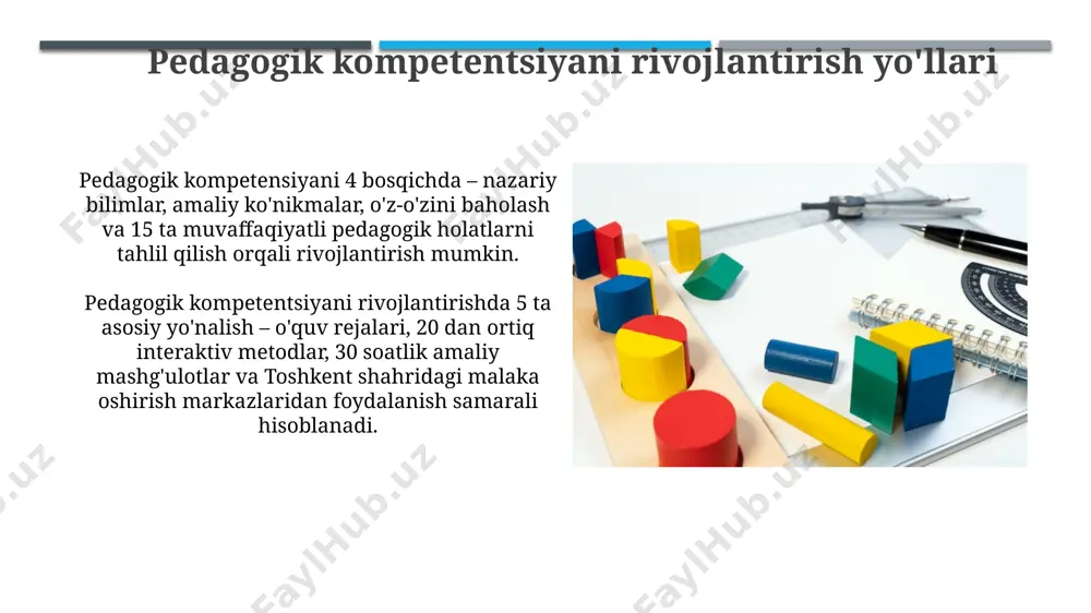 zamonaviy pedagogik kompetensiyaning xususiyati sifatida, o'zbekistonning 2022 yildagi ta'lim standartlariga muvofiq, kritikal fikrlash va innovatsion yondashuvlarni qo'llash malakalarini rivojlantirishni ta'kidlash mumkin. pedagogik kompetentsiyaning metodologik asoslari pedagogik kompetensiyani shakllantirishda amaliy mashg'ulotlarning samaradorligini oshirish maqsadida 2023 yilda buxoro viloyatida 15 ta maktabda o'tkazilgan treninglar natijalariga ko'ra, o'qituvchilarning o'z-o'zini baholash ko'nikmalari 30% ga oshgan. shveysariya pedagogikasi tajribasiga asoslanib, o'qituvchilarning 7 ta asosiy kompetensiyasini aniqlash va ularni 10 ballli shkala asosida baholash metodikasi samarqand davlat universitetida sinovdan o'tkazildi. kompetentsiyaning mezonlari va ko'rsatkichlari kompetentsiyaning mezonlari sifat jihatidan 5 balli shkala bo'yicha baholanadi, bu esa 100 talik umumiy ball sistemasini tashkil etadi va natijalar toshkentdagi pedagogika institutlarida tahlil qilinadi. o'qituvchilarning kompetentsiyasi 3 ta asosiy komponent: bilim, ko'nikma va malakalar bo'yicha 15 ta ko'rsatkich asosida baholanadi va samarqand viloyatida amaliyotda qo'llaniladi. pedagogik mahorat va kompetentsiya o'rtasidagi bog'liqlik pedagogik mahorat 3 ta asosiy kompetensiya – didaktik, kommunikativ va tashkiliy kompetensiyalarni o'z ichiga oladi va ularning samarali o'zaro bog'liqligi …