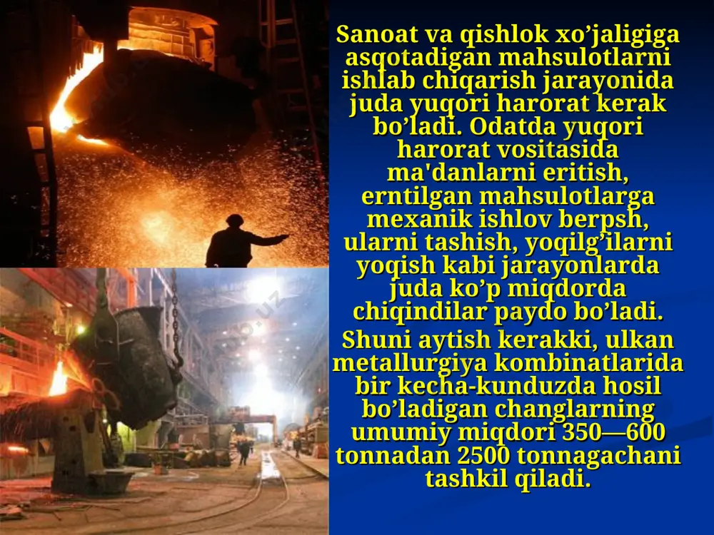 kondensat) lar bo`lishi quvurning past joylarida suyuq holatga o`tib yig`iladi va quvurning o`tkazuvchanligini yomonlashtiradi hamda quvurni zanglashiga olib keladi. gazni iste‘molchiga jo`natish qo`shimchalardan salbiy oqibatlarni hisobga olib, gazni iste‘molchiga jo`natishdan oldin uni quritish, og`ir uglevodorodlardan ajratish va boshqa qo`shimchalardan tozalash kerak bo`ladi. undan tashqari gaz hidini sezish uchun uning tarkibiga hid beruvchi kimyoviy birikmalar – odorontlar qo`shish kerak bo`ladi. bu ishlarning hammasi bosh qurilmada joylashgan gazni kompleks tayyorlash qurilmalarida amalga oshiriladi. “chiqindisiz texnologiya” inson ehtiyojlarini qondirish, bilim, usullar va vositalarni amalda tadbiq etish, tabiiy resurslardan va energiyadan unumli foydalanishni ta’minlash va atrof-muhitni muhofazalash demakdir. “chiqindisiz texnologiya” - bu mahsulotning shunday ishlab chiqarish usuliki, unda xom-ashyo - ishlab chiqarish - iste’mol qilish - ikkilamchi xom-ashyo resurslari stiklida energiya va xom-ashyolardan unumli va kompleks ravishda qo’llaniladi va tabiiy muhitga etkazilgan har qanday ta’sir uning normal holatidan chiqara olmaydi.