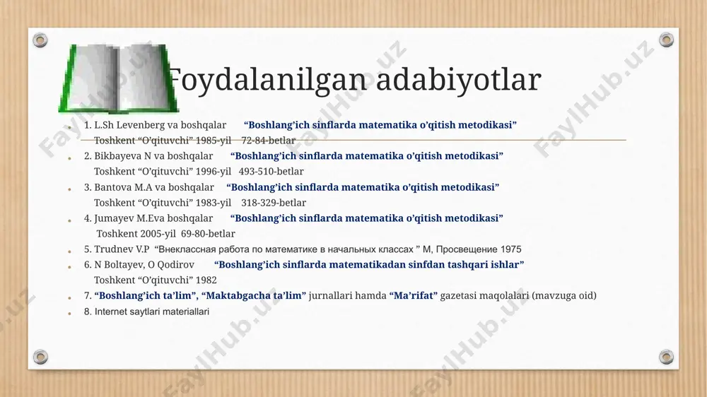 uvchilar bilan yakka va guruh mashg’ulotlari o’quvchilar bilan ishlab chiqarishga, tabiatga ekskursiyalar uy ishlari bu- o’quvchilarni darsdan tashqari vaqtlarda mustaqil, individual ishlashlarini tashkil qilish shakllaridan biri uy ishlarini tashkil etish natijasida bolalarda quyidagi xislatlar shakllanadi shaxsni xafsalaligi mehnatsevarligi uyushqoqligi intizomliligi mas’ulyatliligi o’z o’zini nazorat qilishi uy ishlarini tashkil qilishda quydagi talablar asosida bo’lishi lozim uyga beriladigan vazifalar o’quvchilarning bilimlariga mos kelishi kerak uy vazifalari va unga sarflaydigan vaqt meyor darajasida bo’lishi kerak uy vazifalarini bajarish bo’yicha ko`rsatma bo’lishi kerak uy vazifalarini tizimli ravishda berib borish kerak o’quvchilar muntazam uy ishlarini bajarishlari shart hamma o’quvchi o’z imkoniyatiga qarab har doim topshiriq olishi uy ishlarini individuallashtirishni amalga oshirish maqsadga muvofiqdir uy vazifasini ko’rinishi va mazmuni turli tuman bo’lishi zarur uy vazifasi o’qituvchi tomonidan tekshirilishi shart darsdan tashqari vaqtlarda o’quvchilar bilan o’tkaziladigan individual va guruh mashg’ulotlar maqsadi: o’quvchilarni o’zlashtirgan bilimidagi kamchiliklarni bartaraf qilishda ularga yordam berish, o’quvchilarni ilm olishdagi qoloqliklarning oldini olish. bu …