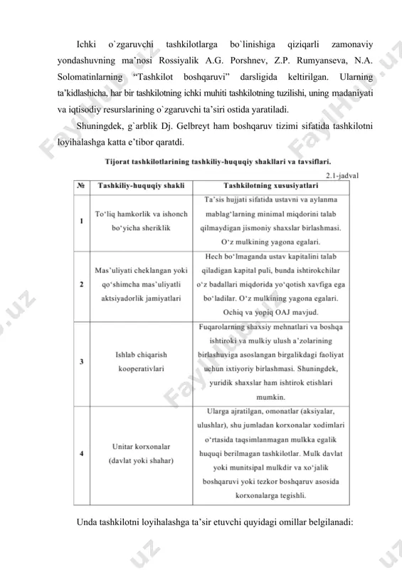 keng ko`lamli (bir rahbarga to`g`ri keladigan maksimal bo`ysunuvchilar soni va minimal ierarxiya darajasining soni); tor ko`lamli (bir rahbarga to`g`ri keladigan minimal bo`ysunuvchilar soni). 5. hokimiyat tuzilmasi - tashkilotdagi ierarxiya va uning aloqalari, tashkilotning “qavatliligi” (9-12 darajalar). 6. huquqlar va majburiyatlar yoki vakolatlarning ierarxiya darajalari bo`yicha taqsimlanishi - birinchi tizim bo`ysunishning birligi tamoyili asosida qurilgan (uning sxemalari “shingilsiz archa” singari) - ijrochi ish yuzasidan faqat bir rahbardan ko`rsatma oladi; ikkinchi ikki tomonlama yoki ko`p tomonlama bo`ysunish tizimi-bunda yuqori turuvchi rahbarning huquq va majburiyatlari barcha quyi bo`g`in rahbarlarning huquq va majburiyatlarini o`zlashtiradi, masalan, ivan grozniy tayangan “oprichnina” (maxsus qo`shin) deb atalgan davlatning podsho bevosita idora qilgan qismida qudratli markaziy hokimiyat tuzish uchun olib borilgan kurashda podsho mamlakatning shu qismiga tayangan paytda ommaviy nazorat qilishni amalga oshirgan edi. har bir tashkilot ochiq tizimdir, shuning uchun ham mustaqil ravishda mavjud bo`la olmaydi. uning tashqi muhit bilan o`zaro bog`liqlik tomoni tashkilotning eng muhim xususiyatlaridan biri …