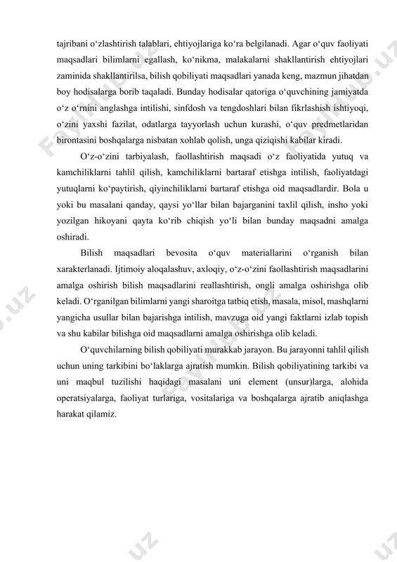 iyatining tarkibi va uni maqbul tuzilishi haqidagi masalani uni element (unsur)larga, alohida operatsiyalarga, faoliyat turlariga, vositalariga va boshqalarga ajratib aniqlashga harakat qilamiz. detallarning tasvirlari 3- turga bo’linadi 1.ko’rinishlar. 2-kesimkar. 3-qirqimlar. mashinasozlik chizmalarida buyumlar to’g’ri burchakli proyeksiyalash usulida tasvirlanadi. bunda buyum (detl) kuzatuvchi bilan proyeksiyalar tekisligi orasida joelashgan deb qaraladi. asosiy proyeksiyalar tekisligi sifatida olti yoqli kub tomoblari olinadi. kubda joylashgan buyumning oltita ko’rinishi, kubning oltita ko’rinish, kubning olti yog’ida tasvirlab ko’rsatiladi. kub tomoblari 1-chizmada 1-chizma buyumning kuzatuvchiga ko’rinib turgan qisimlarining tasviri ko’rinish, deb ataladi. injenerlik grafikasida: asosiy, qo’shimcha va mahalliy ko’rinishlar bo’ladi. asosiy ko’rinishlar. o’zds 2.305-97 da oltita asosiy proyeksiyalar tekisligida olinadi ko’rinishlarning nomlari gudagicha belgilangan 2-chizma: 1- oldidan ko’rinish (bosh ko’rihish); 2-ustidan ko’rinish; 3-shapdan ko’rinish; 4-o’ngdan ko’rinish; 5-ostidan ko’rinish; 6-orqadan ko’rinish; 2-chizma. 2-chizma chizmada buyumning frontal proyeksiyalar tekisligidagi tasviri bosh (asosiy) ko’rinish deyiladi. bosh ko’rinish buyumning shakli va o’lchamlari to’g’risida to’laroq tasavvur beradigan qilib tanlab olinadi. masalan, slindrik sirtli …