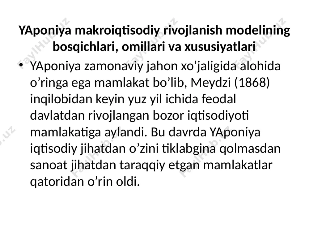 ishi bilan boshlandi va nikkey indeksi 20 ming ienagacha pasaydi, ya’ni 1989 yilning dekabriga nisbatan 49% ga qisqardi. keyinchalik 1 oktyabr qora dushanba deb ataladigan bo’ldi. "sovun ko’pigi” iqtisodiyoti inqirozi bilan bog’liq salbiy oqibatlarnint real sektorga ta’siri natijasida yaponiya iqtisodiyoti chuqur va davomli depressiya holatiga tushib qoldi. ushbu holat 2004-2010 yillardagi biroz jonlanishni xisobga olmaganda 2011 yilgacha davom etdi. fikrimizcha, 2011 yil 11 martdagi yer qimirlashi bilan bog’liq voqeadan so’ng yaponiya iqtisodiyotining rivojlanishidagi oltinchi bosqich boshlandi. yaponiyaning iqtisodiy rivojlanish modeliga xos quyidagi belgilarni ajratish mumkin: davlatning tovarlar va xizmatlar ishlab chiqarish, savdo va investitsiyalar sohasidagi ulushining pastligi; firmalar va davlatning ishchi kuchi malakasini oshirish, ishchilarni ishlab chiqarishni boshqarishga jalo etishga alohida e’tibor qaratishi; mehnat bozorida firmalar darajasida bir marotabalik mehnat shart-nomalarining qo’llanilishi. mehnat munosabatlari «firma paternalizmi»ni (bir umr yollanib ishlash tizimi, firma - bizning uyimiz) ifoda etadi; moliya-sanoat guruhlarining keyretsularga asoslanishi. davlatning tadbirkorlik faoliyatini rag’batlantirish, iqtisodiyotda tarkibiy o’zgarishlarni amalga oshirishdagi …