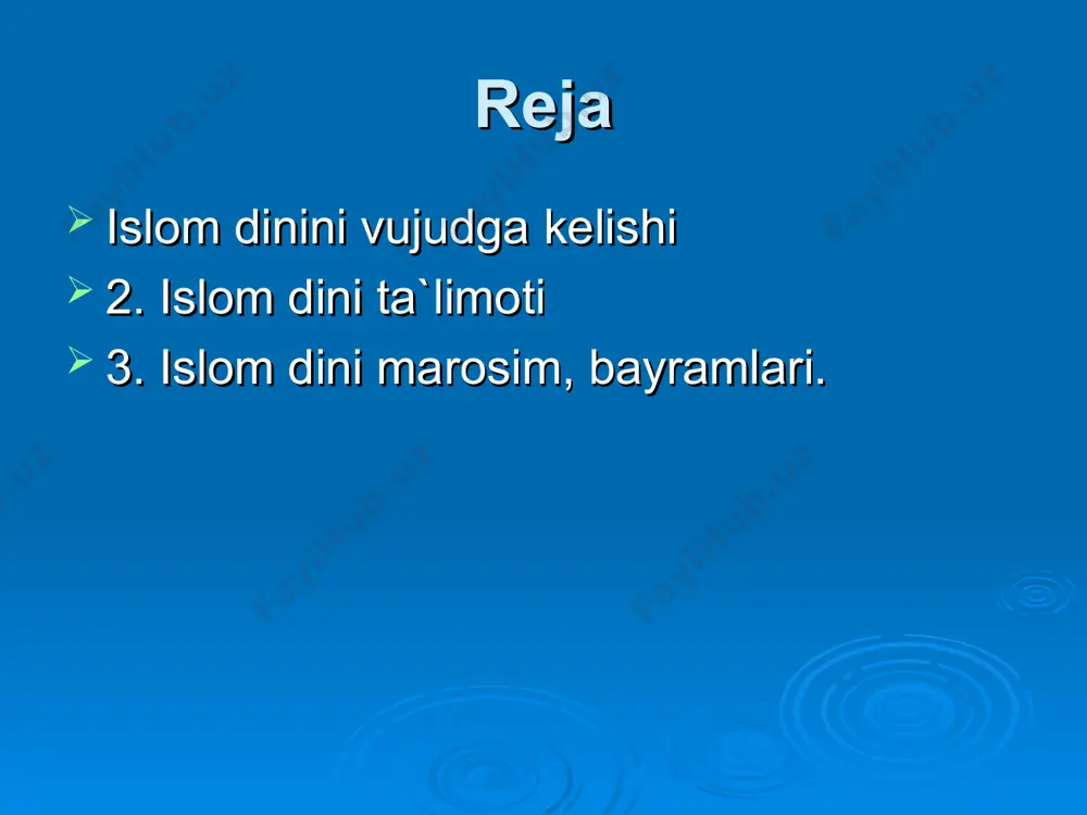 larni anglatadi. itoat va bo`ysunish. ixlos va turli ofatlardan salomat bo`lish. sulh va omonlik. islom ta'limotini asosini iymon, islom, ehson tashkil etadi iymon 7 aqidaga asoslanadi: 1.allohga 2.farishtalarga 3.muqaddas kitoblarga 4.payg`ambarlarga 5.oxiratga 6.taqdirga 7.o`lgandan kеyin tirilishga ishonishdir. islom ta`limotidagi asosiy 7 aqidaning alloh taolo va muhammadga ishonish qismi islomda iymon deb ham ataladi, ya`ni allohdan o`ziga o`zga iloh yo`q, muhammad uning bandasi va rasuli (paygambari), deb shohidlik berishi tushuniladi. barcha 7 aqida to`laligicha iymoni mufassal deb ataladi. allohni yagona, bilguvchi, rahmdil, mеhribon shu kabi 99 ta nomi mavjud. islomni asosini tavhid, ya'ni yakkaxudolik tashkil etadi. alloh barcha narsalarni yaratuvchisi. adulaziz mansurning «qur'oni karim ma'nolarining tarjimasi» kitobida shunday dеyilgan: «alloh taolo еr kurrasini yakshanba va dushanba», toglarni sеshanba, daraxtlar va suvlarni chorshanba, osmonlarni jum'a, quyosh, oy, yulduzlar va farishtalarni shanba kunida va odamni shanba kunining oxirida yaratganligi haqida ma'lumotlar bеrilgan». farishtalar farishtalarni payg`ambarimiz o`z hadislarida «nurdan yaratilgandir» dеb bayon qilganlar. shundan …