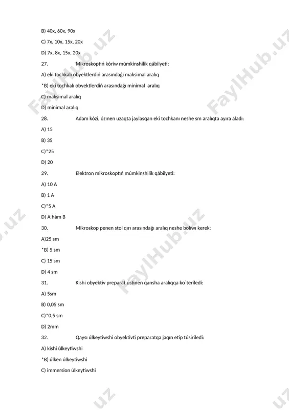 plastidalar c) lipidlerdi sintezleytuǵın plastidalar d) kraxmaldı sintezleytuǵın xromoplastlar 62. haywan kletkaları qanday kletka qabıǵına iye: a) quramında sellyulozaga iye kattı kletka qabıǵına iye b)*juqa qabıq - glıqokalıqs c) qalın qabıq – glikóprotein d) glikogen 63. prokariotlar – bul qanday organizmler: a)*yadroǵa iye emes b) qáliplesken yadroǵa iye c) yadro qabıǵına iye d) yadroǵa iye 64. eukariotlar - bul qanday organizmler.. a)*membrana menen oralǵan yadroǵa iye b) saqıynalı xromosomaǵa iye c) bir kletkalılar d) násillik apparatı citoplazmada qáliplesken 65. prokariotlarda bolmaydı: a) ribosoma b) citoplazma c) dnk d)*mitoxondriya 66. eukariotlarǵa tán emes: a) yadro b) mitoxondriya c)*binar kóbeyiu d) mitoz 67. ósimlik kletkalarınıń haywan kletkalarınan ayırmashılıǵı: a) ósimlik kletkasında yadro bolmaydı b) ósimlik kletkasında mitoxondriya bar c)*osimlik kletkasında plastidalar bar d) osimlik kletkasında mitoxondriya bolmaydı 68. haywan kletkasın ósimlik kletkasınan qalay ayıramız: a)*haywan kletkasında plastidalar bolmaydı b) olarda xloroplastlar bar c) yadrosı bar d) plastidalar bar 69. mikropreparattaǵı kletkanı qaysı …