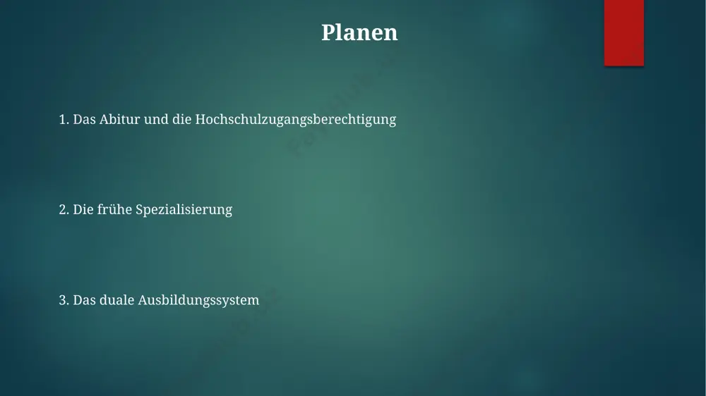 h geregelt, was zu regionalen unterschieden im schwierigkeitsgrad führt. förderung von bildungsgerechtigkeit das deutsche schulsystem kennt diverse fördermaßnahmen wie beispielsweise die lernförderung im rahmen der individuellen lernentwicklungsberatung (ileb) für ca. 15% der schüler, die zusätzliche unterstützung benötigen. die bundesweite initiative „bildungspakt“ investiert jährlich milliarden in die verbesserung der chancengleichheit, unterstützt z.b. durch gezielte förderprogramme für benachteiligte schüler und die ausstattung von schulen in sozial schwachen gebieten. über 90% der deutschen grundschulen bieten ganztagsbetreuung an, wodurch die soziale herkunft weniger stark die lernchancen beeinflusst und die vereinbarkeit von familie und beruf verbessert wird. stärken und schwächen des systems die frühe spezialisierung ab klasse 5 in gymnasien, realschulen und hauptschulen, führt zwar zu einer guten vorbereitung auf akademische oder berufliche laufbahnen, kann aber auch den individuellen entfaltungsspielraum einschränken. das duale ausbildungssystem, mit über 350 anerkannten berufen, sichert zwar hohe ausbildungsqualität und niedrige jugendarbeitslosigkeit, leidet aber unter einem fachkräftemangel in bestimmten zukunftsträchtigen bereichen. …