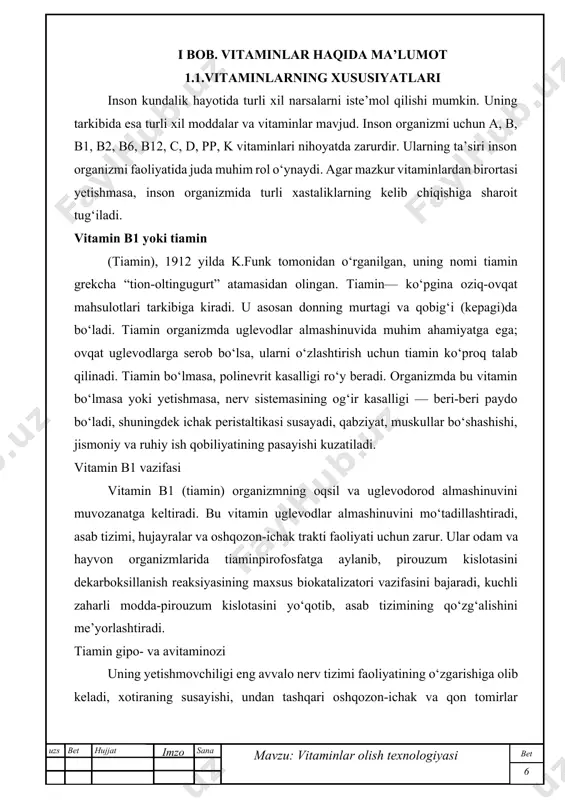 a hosil bo‘ladi. vitamin b12 yoki sianokobalamin vitamin b12 (sianokobalamin) — yuqori biologik faol modda. metionin, nuklein kislotalar sintezida va qon yaratilishi jarayonida qatnashadi. siankobalamin jonivorlar tabiatiga ega mahsulotlarda bo‘ladi. bular: jigar, go‘sht, baliqning ayrim turlari, pishloq va h. b12 vitamini ichak florasida ham ishlab chiqariladi. b12 vitaminida bo‘lgan sutkalik ehtiyoj — 15-20 mkg.ni tashkil qiladi. organizmga ovqat bilan kiradi, u organizmda yetishmasa, kamqonlik paydo bo‘ladi. siankobalamin mol jigarida ayniqsa ko‘p. vitamin b9 yoki foliy kislotasi vitamin b9 — qarish jarayonini sekinlashtiradi. foliy kislotasining tabiiy manbalari foliy kislotasi — dag‘al maydalangan un va ushbu undan tayyorlangan non mahsulotlarida, yormalarda (grechka, suli, so‘k), faso, gulkaram, qo‘ziqorin, jigar, tvorog, pishloq va ikrada mavjuddir. mahsulotlarning pishirilishi natijasida 80-90% gacha mahsulotdagi vitamin yo‘qolishini bilishingiz muhimdir. folat kislota ba’zi aminokislotalar almashinuvida va sintezida, shuningdek nuklein kislotalar sintezida qatnashadi, ko‘mikning qon yaratish funksiyasini kuchaytiradi, b12 vitaminini yaxshi o‘zlashtirilishiga yordam beradi. folat kislota o‘simlik va hayvon mahsulotlarida, …