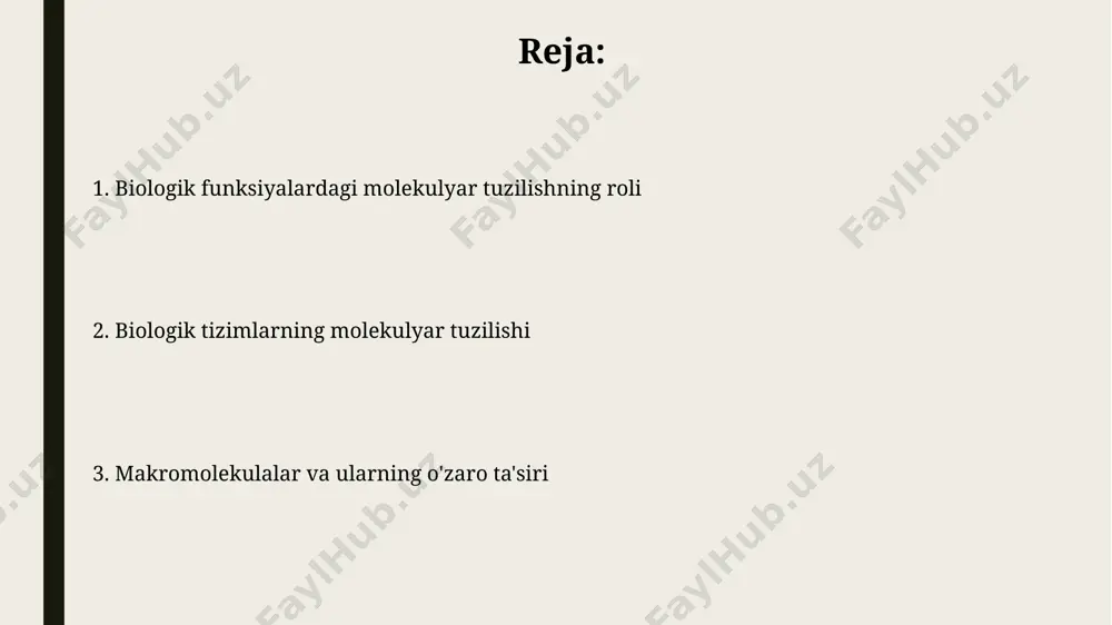 polipeptid zanjirlarini hosil qiladi. biomolekulalar o'zaro ta'siri oqsil-retseptor o'zaro ta'siri yuqori darajadagi o'ziga xoslikni namoyon qiladi, 10⁻⁹ m dan past dissotsiatsiya konstantasi bilan xarakterlanadi, bu o'zaro ta'sirning kuchli ekanligini ko'rsatadi. biomolekulalar o'rtasidagi gidrofob ta'sirlar 20 dan ortiq aminokislotalarning bir-biriga bog'lanishida muhim rol o'ynaydi, bu esa oqsillarning uch o'lchovli tuzilishini shakllantirishga yordam beradi. oqsil sintez jarayoni oqsil sintezi jarayonida, taxminan 40 dan ortiq ribonukleotidlar o'zaro ta'sirlashib, mrnaning to'g'ri o'qilishi va oqsilning to'g'ri tuzilishiga ta'sir ko'rsatadi. mrna molekulasi ribosomalarga birikib, trna molekulalari orqali aminokislotalarni olib kelish va peptid bog'lari hosil qilish orqali oqsil zanjirini yig'ish jarayoni translyasiya bosqichida sodir bo'ladi. biomolekulalar: umumiy nuqtai oqsillar 20 ta aminokislotalardan tashkil topgan polimerlar bo'lib, ularning ketma-ketligi va fazoviy tuzilishi ularning biologik faolligini aniqlaydi; misol uchun, fermentlarning katalitik xususiyatlari. uglevodlar, monosaxaridlar kabi oddiy shakllardan murakkab polisaxaridlarga qadar, energiya manbai va tuzilish elementlari sifatida xizmat qiladi; masalan, sellyuloza o'simlik hujayra devorlarida 50% gacha bo'ladi. nuklein kislotalar tuzilishi …