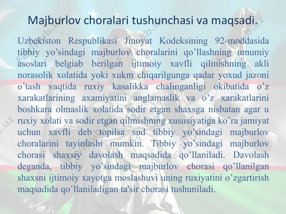 qilmishining xususiyatini anglab etishiga tuskinlik kiluvchi xolatining mavjudligi; v) sodir etilgan qilmishning xususiyati va shaxsning ruxiy xolati tibbiy yo’sindagi majburlov chorasini qo’llashni takozo etishi kabi shartlar bo’lishi lozim. uchinchi toifaga jazoni utash vaqtida ruxiy kasallikka chalingan shaxslar kiradi. ular jazoni utash vaqtida o’z xarakatining axamiyatini anglamaydi va o’z xarakatlarini boshqara olmaydi. bunday xollarda ularga nisbatan qamoq va jazoni ijro etish muassasi boshligining qarori bilan sud-psixiatriya ekspertizasi tayinlanadi. to’rtinchi toifadagi shaxslarga qonun jinoyatni aqli raso xolatda sodir etgan, ammo alkogolizm, giyoxvandlik yoki zaxarvandlikka yo’liqqan shaxslar xam umumiy asoslarga ko’ra jinoiy javobgarlikka va jazoga tortiladi. ularga nisbatan majburiy davolash choralari jinoiy jazo bilan bir qatorda qo’llaniladi. jinoiy javobgarlik jinoiy javobgarlik - yuridik javobgarlik turlaridan biri, jinoyat sodir etishning huquqiy oqibati. jinoiy javobgarlik aybdorga nisbatan jazolash shaklidagi davlat majburlov chorasini qoʻllashdan iborat. jinoiy javobgarlikka jalb etish jinoyat ishini qoʻzgʻatish, tergov qilishni va sudda muhokama qilishni (qarang sud muhokamasi) bildiradi. huquqiy davlatda jinoyat sodir …
