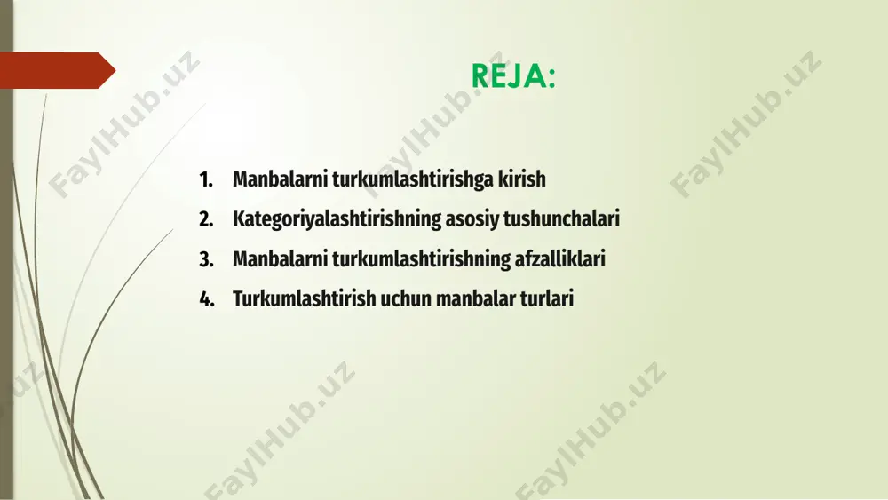 lar yoki guvohlarning qaydlari kabi birlamchi manbalarni, shuningdek, birlamchi manbalarni tahlil qiluvchi va sharhlovchi kitoblar yoki maqolalar kabi ikkilamchi manbalarni o'z ichiga olishi mumkin. manbalarni turkumlash samarali tadqiqot o'tkazish imkonini beradi va ishonchli ma'lumotlardan foydalanishga yordam beradi. 1 birlamchi manbalar dastlabki dalillarni taqdim etadi va xatlar, kundaliklar, intervyular yoki fotosuratlar kabi narsalarni o'z ichiga olishi mumkin. ushbu manbalar ma'lum bir mavzu yoki voqea haqida to'g'ridan-to'g'ri tushunchalarni taklif qiladi va ko'pincha eng ishonchli deb hisoblanadi. ikkinchi darajali manbalar esa birlamchi manbalarni sharhlash yoki baholashni taklif qiladi. bularga birlamchi manbalardan olingan ma’lumotlarni tahlil qiluvchi va taqdim etuvchi ilmiy maqolalar, darsliklar yoki hujjatli filmlar kirishi mumkin. 3 manbalarni turkumlash orqali tadqiqotchilar duch keladigan ma'lumotlarning ishonchliligi va dolzarbligini yaxshiroq baholashlari mumkin. turkumlashtirish ularga turli xil manba turlarini farqlash va qaysi biri tadqiqot maqsadlariga mos kelishini aniqlash imkonini beradi. bu jarayon slayd-prezentatsiyalar yoki boshqa turdagi o'quv yoki kasbiy ishlarni yaratishda aniq va ishonchli ma'lumotlardan foydalanishni …