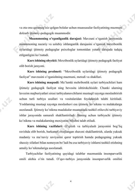 bolalar uyi bitiruvchilari ota-onalariga qaytib, kasb-hunar ta'limi muassasalarida o’qishni davom ettirishlari va mehnat faoliyatini boshlashlari mumkin. mehribonlik uylari tarbiyalanuvchilari, birinchi navbatda, turli sabablarga ko’ra ota-ona qaramog'isiz qolgan bolalardir. internat muassasasi tarbiyalanuvchisi rivojlanishining ijtimoiy holati ijtimoiy tarbiya sifatida tavsiflanadigan maxsus yashash sharoitlari bilan belgilanadi. olimlar va amaliyotchilar bolalarning aqliy rivojlanishiga salbiy ta'sir ko’rsatadigan ijtimoiy tarbiyaning kamchiliklarini aniqlaydilar: kattalar va bolalar o’rtasidagi aloqani noto’g'ri tashkil etish; o’qituvchilarning psixologik va pedagogik tayyorgarligining etarli emasligi; bolalarni oilaning yo’qligi sababli rivojlanish nuqsonlarini qoplamaydigan dasturlar bo’yicha tarbiyalash va o’qitish; ta'lim va tarbiya jarayonida bolalarga ajratilmagan yondashuv; aniq hissiy tajribaning qashshoqligi bolalar, ularning atrof-muhitining haddan tashqari torayishi tufayli; ular ishlaydigan narsalarning oz miqdori va monotonligi; bolalarni jamoa sharoitida doimiy ravishda topish (shaxsiy makon, yolg'izlik, tanlashda mustaqillik yo’qligi). ijtimoiy tarbiyaning asosiy natijasi - bolalarning kattalarning xayrixohligi e'tiboriga bo’lgan ehtiyojining ortib borayotganidan norozilik. internat muassasalari boshqa kamchiliklarga ham ega: · oilaviy hayotdan uzoq hayotni tashkil etish; · yaqinlik, izolyatsiya …
