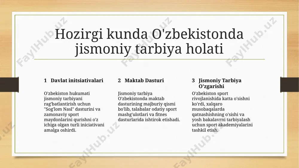 r, musobaqalar va sog'lik bayramlari tashkil etadi. jismoniy tarbiya tizimida sport klublarining o'rnini o'rganish 1 fiziksel faoliyatni rivojlantirish sport klublari tashkil etilgan sport tadbirlari, musobaqalar va doimiy o'qitish mashg'ulotlari orqali jismoniy faoliyatni rivojlantirishda ahamiyatli rol o'ynaydi. 2 jismoniy ko'niklarning rivojlanishi sport klublari maxsus o'qitish dasturlari orqali odamlarga kuch, tezlik, koordinatsiya va elastiklik kabi jismoniy ko'nikmalarini rivojlantirish imkoniyatlarini beradi. 3 o'zaro hamkorlik va tartibni rivojlantirish ishonchli sport klubbida qatnashish, jamoa ishlashini, tartibni, rahbarlikni va sportga hurmatni rivojlantirishga yordam beradi, shuningdek, insonlarning umumiy rivojlanishiga hissa qo'shadi. jismoniy tarbiyani rivojlantirishda muammolar va cheklovlar infrastrukturaviy va resurslarning yetarlicha emasligi ko'plab o'zbekiston maktablari to'g'ri sport vositalari va jihozlaridan mahrum, jismoniy tarbiyaning rivojlanishini to'xtatadi. madaniy qarashlar jismoniy faoliyatga qarshi munosabatlar ba'zi jamoalar akademik o'quvni jismoniy ta'limdan ustun tutadi, shuningdek, jismoniy tarbiya dasturlariga qo'llab-quvvatlanishning yetarli emasligiga olib keladi. cheklangan murabbiylarga kirish cheklangan o'qitilgan jismoniy tarbiya o'qituvchilarining kamligi, maktablarda sifatli jismoniy tarbiya o'qitishni ta'minlashda qiyinlik yaratadi. ijtimoiy-iqtisodiy cheklovlari …