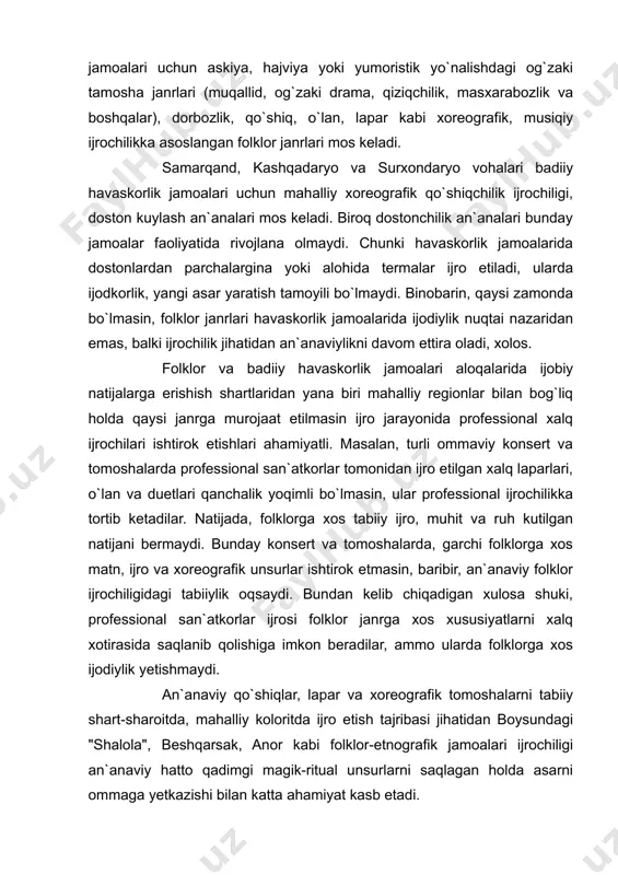 koloritning uyg`unligini aniqlab olish zarurligi hisoblanadi. masalan, toshkent va farg`ona vodiysidagi badiiy havaskorlik jamoalari uchun askiya, hajviya yoki yumoristik yo`nalishdagi og`zaki tamosha janrlari (muqallid, og`zaki drama, qiziqchilik, masxarabozlik va boshqalar), dorbozlik, qo`shiq, o`lan, lapar kabi xoreografik, musiqiy ijrochilikka asoslangan folklor janrlari mos keladi. samarqand, kashqadaryo va surxondaryo vohalari badiiy havaskorlik jamoalari uchun mahalliy xoreografik qo`shiqchilik ijrochiligi, doston kuylash an`analari mos keladi. biroq dostonchilik an`analari bunday jamoalar faoliyatida rivojlana olmaydi. chunki havaskorlik jamoalarida dostonlardan parchalargina yoki alohida termalar ijro etiladi, ularda ijodkorlik, yangi asar yaratish tamoyili bo`lmaydi. binobarin, qaysi zamonda bo`lmasin, folklor janrlari havaskorlik jamoalarida ijodiylik nuqtai nazaridan emas, balki ijrochilik jihatidan an`anaviylikni davom ettira oladi, xolos. folklor va badiiy havaskorlik jamoalari aloqalarida ijobiy natijalarga erishish shartlaridan yana biri mahalliy regionlar bilan bog`liq holda qaysi janrga murojaat etilmasin ijro jarayonida professional xalq ijrochilari ishtirok etishlari ahamiyatli. masalan, turli ommaviy konsert va tomoshalarda professional san`atkorlar tomonidan ijro etilgan xalq laparlari, o`lan va …