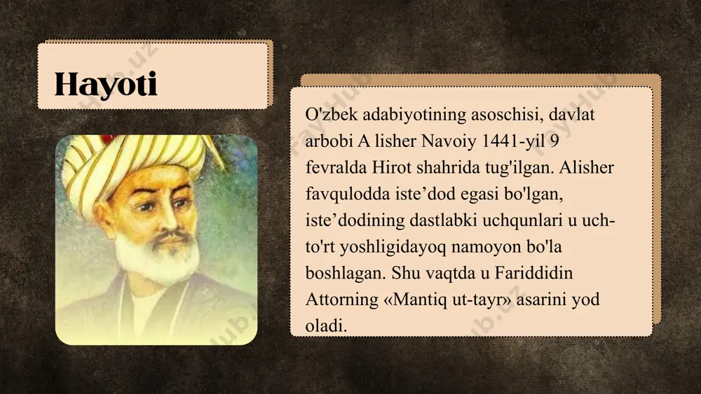 dan yaratilgan ”nazm ul-javohir” asarida quyidagicha bayon qiladi: kim olim esa,nuqtada barhaq de oni gar bazm tuzar,bihishti mutlaq de oni har kimsaki,yo’q ilm anda ahmaq de oni majlisdaki ilm bo’lsa uchmaq de oni mazkur baytning mazmunida ilmli,oqil odam o’z maqsadlariga erishish yo’lida uchraydigan har qanday qiyinchiliklarni yengib o’tadi,kim ilmni o’ziga tayanch qilib olsa , u hech qachon qoqilmaydi,zero ilm insonning baxt-saodatini ta’minlashga xizmat qiladi degan g’oya o’z aksini topgan. “hayrat ul-abror” hayrat ul-abror» dostonining o'n birinchi maqolatida esa ilm quyosh, oy hamda kunduz sifatida quyidagicha ta’riflanadi: «ilm sipehrining baland axtarlig'idakim , jahl tunini, yorutmoq uchun «ayn»i quyoshdin va «lom»i oydin va «mim»i kunduzdin nishona aytur. va jahl shomi tiyra manzarlig'idakim, g'aflat chohini zalolat kechasida zohir qilib, bu kechada shaqovatdin fasona aytur. va olimning bovujudi falokat quyoshdek sarbalanlig'i va johilning bovujudi ganju mol tufrog' aro najanlihg'i» («ilm osmonining yulduzlardek baland martabaliligi haqidakim , bilimsizlik tunini yoritish uchun «ayn»i quyosh, «lom»i oy, …