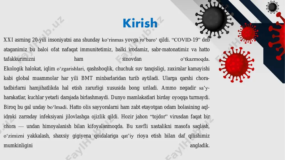 dini olish yoki kasallanganda uni qanday muolaja qilish boʻyicha tavsiyalar berildi, xolos. albatta, har bir yondashuvning oʻziga xos yutuq va kamchiliklari mavjud. covid-19 sababi olimlarning fikricha, yangi koronavirusning manbai ehtimol, boshqa hayvonlar turlari orqali odamlarga yuqtirilgan. covid-19 ning jamiyatga ta'siri koronavirusning salbiy taʼsiri deyarli hech bir sohani chetlab oʻtgani yoʻq. ayniqsa, iqtisodiyot, sogʻliqni saqlash, oziq-ovqat sanoati negizida jiddiy muammo va tashvishlar yuzaga kelayotir. hatto pandemiya asoratlari dunyoning psixologik qiyofasini ham oʻzgartirib yuborgani rost. nima uchun? chunki insoniyat koronavirus kabi bunday katta ofatga tayyor emasdi. toʻgʻri, tarixda qanchadan-qancha jangu jadallar, jahon urushlari, 50 millionlab kishilarning umriga zomin boʻlgan oʻlatlar odam bolasini ancha toblagan. lekin hozirgiday taraqqiyot asrida qandaydir bir notanish infeksiya butun borliq oldida inson juda kichik va ayni damda ojiz jonzotligini barchamizga yana bir karra eslatib qoʻydi. oqibatda himoyalanishga majbur boʻldik. bunday vaziyatda eng ogʻir yuk davlat rahbarlari gardaniga tushdi. aniqlanishicha, hozirgi total karantin insoniyat uchun yangilik emas. bir asr …