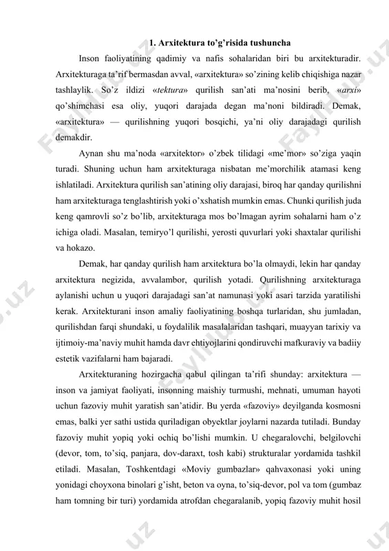 tom, to’siq, panjara, dov-daraxt, tosh kabi) strukturalar yordamida tashkil etiladi. masalan, toshkentdagi «moviy gumbazlar» qahvaxonasi yoki uning yonidagi choyxona binolari g’isht, beton va oyna, to’siq-devor, pol va tom (gumbaz ham tomning bir turi) yordamida atrofdan chegaralanib, yopiq fazoviy muhit hosil etilgan. bu yerdagi xiyobonda tok va so’ri ostida ham qisman chegaralangan muhit hosil qilingan. bundan farqli holda choyxona oldidagi sufa-so’rilar gorizontal tekislik bo’yicha ochiq muhitga ajratilgan. sayr yo’llari ham ochiq muhitdir. ular daraxt, buta, maysa, plita, tosh, suv basseyni, favvora kabilar yordamida rejalangan. yana shuni aytish joizki, «arxitektura» o’zining yaratilishi jihatidan ikki ma’noda ishlatiladi, birinchidan, inson ijodiy faoliyatining sohasi ma’nosida va, ikkinchidan, shu faoliyatning mahsuli ma’nosida. arxitekturaning maqsadi va vazifalari. insonlarning yashashi, ishlashi va dam olishiga mo’ljallanib tashkillashtirilgan makonni yoki muhitni shakllantirish arxitekturaning bosh vazifasidir. biroq, uning vazifasi bu bilan cheklanmaydi. ma’lumki, har qanday muhit odamlar ruhiyatiga, ongining shakllanishiga ta’sir ko’rsatadi. chunki arxitekturada qo’llaniladigan hajmiy shakllar, moddiy muhit biron bir …