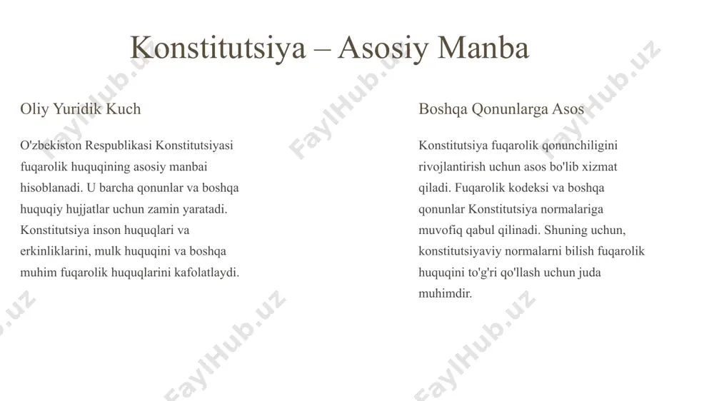 mahalliy davlat hokimiyati organlarining qarorlari ham ayrim hollarda fuqarolik huquqining manbai bo'lishi mumkin. ular mahalliy ahamiyatga ega bo'lgan fuqarolik munosabatlarini tartibga soladi. xalqaro shartnomalar – global hamkorlik 1 o'zbekistonning ishtiroki o'zbekiston respublikasi tomonidan imzolangan va ratifikatsiya qilingan xalqaro shartnomalar fuqarolik huquqining manbai hisoblanadi. ular o'zbekistonning xalqaro huquqiy majburiyatlarini belgilaydi. 2 ustuvorlik agar xalqaro shartnomada o'zbekiston qonunchiligidan farqli qoidalar belgilangan bo'lsa, xalqaro shartnoma qoidalari ustuvor hisoblanadi. bu qoida "xalqaro shartnomalar to'g'risida"gi qonunda belgilangan. 3 huquqiy uyg'unlik xalqaro shartnomalar fuqarolik huquqini xalqaro standartlarga muvofiq rivojlantirishga yordam beradi. ular o'zbekiston qonunchiligini xalqaro huquqiy tizimga uyg'unlashtirishga xizmat qiladi. sud amaliyoti – huquqiy pretsedentlar muhim qarorlar oliy sudning fuqarolik ishlari bo'yicha chiqarilgan qarorlari sud amaliyotining muhim qismi hisoblanadi. ular quyi sudlar uchun yo'riqnoma bo'lib xizmat qiladi. talqin qoidalari sud amaliyoti fuqarolik qonunchiligini talqin qilish qoidalarini belgilaydi. sudlar qonun normalarini aniq va to'g'ri talqin qilish orqali huquqiy aniqlikni ta'minlaydilar. huquqni rivojlantirish sud amaliyoti fuqarolik huquqini rivojlantirishga …