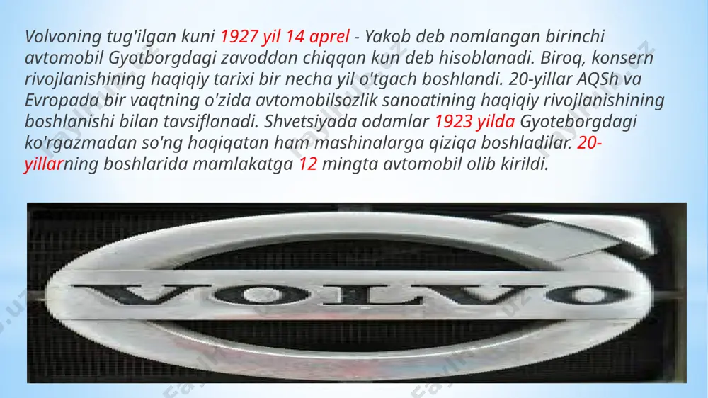 an. 1937 yil - yangi shunga o'xshash modellar - pv51 va pv52 chiqarildi, 1800 ta mashina ishlab chiqarildi. 1940-yillar - harbiy ehtiyojlar uchun avtomobillarni modernizatsiya qilish, keyin ishchilar ish tashlashi, materiallar etishmasligi. pv444 ni loyihalash va yig'ish, yiliga o'rtacha 3000 ta avtomobil ishlab chiqariladi. 1953 yil - yangi oilaviy avtomobil - volvo duett chiqarildi. 1954 yil - kompaniya tomonidan misli ko'rilmagan qadam - avtomobil kafolati 5 yilga berildi! birinchi volvo sport avtomobili ishlab chiqarildi, u hech qachon moda bo'lmagan. 1956 yil - amazon brendi chiqarildi. 1958 yil - volvo avtomobillarining eksporti 100 mingga yetdi. 1959 yil - keyinchalik volvo-ni eng xavfsiz avtomobil deb hisoblash imkonini beradigan voqea sodir bo'ldi - uch nuqtali xavfsizlik kamarlari ixtiro qilindi. 1960-1966 yillar - haqli ravishda dunyodagi eng xavfsiz avtomobillar hisoblangan yangi volvo 1800 va volvo p 144 avtomobillari taqdim etildi. 1967 yil - bolalar o'rindig'i modernizatsiya qilindi, endi uni orqa yo'nalishda joylashtirish mumkin. 1974 …