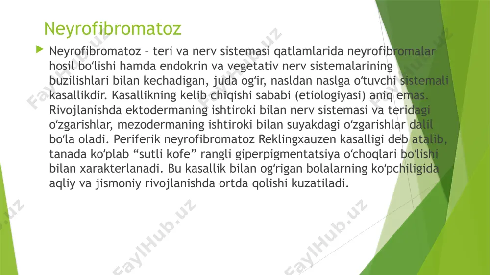 (tarangligi pasaygan, ajin bosgan, rangi soʻngan)dek koʻrinadi. paypaslaganda, oʻsmaga xos boʻlgan tugunlar, tarang tortma (shnur)lar borligi aniqlandi. yuz nervi jalb etilganda, mimik mushaklar falaji seziladi neyrofibromatozning ko’rinishi teridagi qahvasimon dog’lar klinik manzarasi: oʻsma sohasidagi ogʻiz shilliq pardasi ham oʻzining normal tuzilishini yoʻqotadi, rangi oʻchadi va silliqlashib, sargʻish tus oladi. suyakda oʻsayotgan neyrofibromatoz uning hajmini oshiradi, xususan, alveolyar oʻsiqliklar, tishlar kattalashadi. shu bilan birga, oʻsma tugunlari joylashgan soha, pastki jagʻ shoxi, tanasi qaltalashib, boʻgʻim va toj oʻsimliklari rivojlanmay qoladi. chiqolmagan tishlar suyak ichida betartib joylashib, tish qatorida qisman adentiya yuzaga keladi. neyrofibromatoz ii – markaziy yoki ikkki tomonlama akustik neyrofibromatoz – kalla suyagidan chiqadigan viii juft nervning oʻsmasidir. uning asosiy belgisi – bolalarda 10 yoshgacha rivojlangan karlik holatidir. shikoyatlar: chaqaloq tugʻilganida yoki bir yoshga yaqin davrda yuz yarmining kattalashib, shakli buzilishiga olib keladi. bolalarda neyrofibromatoz diagnostikasi klinik belgilar asosida tashxis qo‘yish. genetik testlar nf1 yoki nf2 gen mutatsiyasini aniqlash uchun. mri …