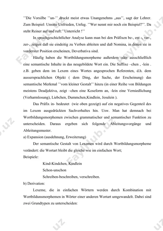 le: schreiben –schriebt ; tag- tagung fahren, fuhr-fahrt , fahrer , führe wenn auch die abteilungssilben in den meisten fällen wenig eigensemantischen wert besitzen, so verandern sie doch die wortbedeutungund bringen. in die wortverwandung mitunter einen zug der abstraktion hinein. oft ist die bedeutung der neubildung nicht neutral und oft sogar leicht abvertend oder abvertend. manchmal klingen neue wörter ironisch, wewil der schreiber sich von ihnen distanziert (z.b eier- eiern): beispiel: das versagen einer solchen stufe aber führte letzten monat dazu, daß ein us-spionsatellit seiner mitslos auf einer umlaufbahn um die erde eiert. vermutliche ursache: probleme beim planmässigen feuern der triebwerke. (der spiegel. 21.24.5.99.s.237) das neugebildete wort eiern bedeutet: etwas rollt oder dreht sich unregelmäßig und wackelt; unregelmäßig rotieren; разг. 1.делать, восмерку, петлять (о колесе) 2. идти неверньм шагом, идти шатаясь спотькаясь. d) geprägte wörter viele der abgeleiteten wörter haben ganz bestimmte, feste bedeutung und sind als neue wörter lexikalisiert. …