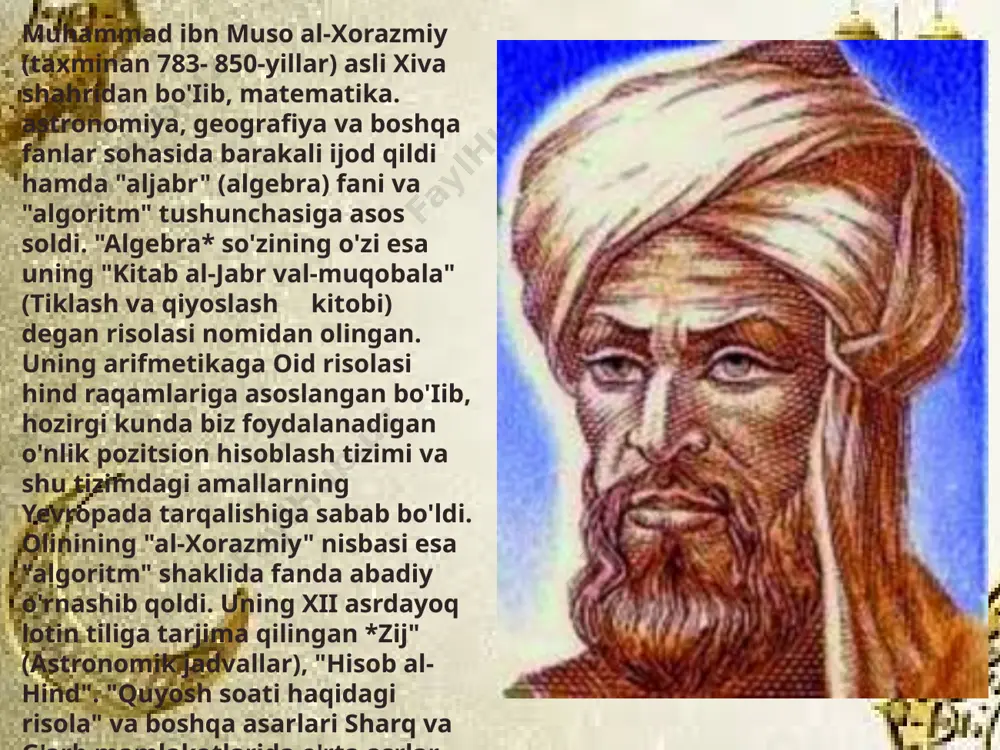 damida koinot sirlarini va yer kurrasini o'rgandi. al-xorazmiy va al-farg'oniy boshchiligidagi olimlar 1000 dan ortiq yulduzlarni tekshirdilar hamda ularning joylanish haritasini tuzdilar. yer kurrasining aylana uzunligini aniqladilar . xorazmiy "surat al-arz" ("yer suvrati") nomli kitobida afrika, osiyo va yevropa qit'alarini aniq tavsiflagan. koinot sirlarini o'rganishga oid ijodlari uning "ziji" ("astranomiya") kitobida bayin etilgan. muhammad al-xorazmiy bog'dodda vafot etdi. algebra fanining otasi sifatida shuhrat qozongan vatandoshimiz muhammad ibn muso al-xorazmiy tarix sohasida sharqda ilk asarlardan birini yaratgan. uning "kitob at-tarix" asari bizgacha turli mualliflarning asarlari tarkibida etib kelgan. buyuk ajdodi ilmiy merosini mukammal o`rgangan beruniy ham bu sohada "xorazmning mashhur kishilari" yoki "xorazm tarixi" asarini yaratib qoldirgan. bu kitob ham to`liq holda saqlanmagan. al-xorazmiy algebra fanining asoschisi. uning “al-kitob al muxtasar fi hisob al-jabr va al muqobala” asaridagi “al-jabr” so’zi lotincha transkripsiyada “algebra” ni anglatib, al-xorazmiy asos solgan yangi fanning nomidir. olimning “al-xorazmiy” nomi esa, “algoritm” shaklida fanda abadiy saqlanib qolgan. …