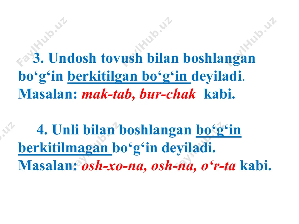 bo‘g‘in va uning turlari. bo‘g‘in ko‘chirish qoidalari. urg‘u va uning nutqdagi ahamiyati - Page 5