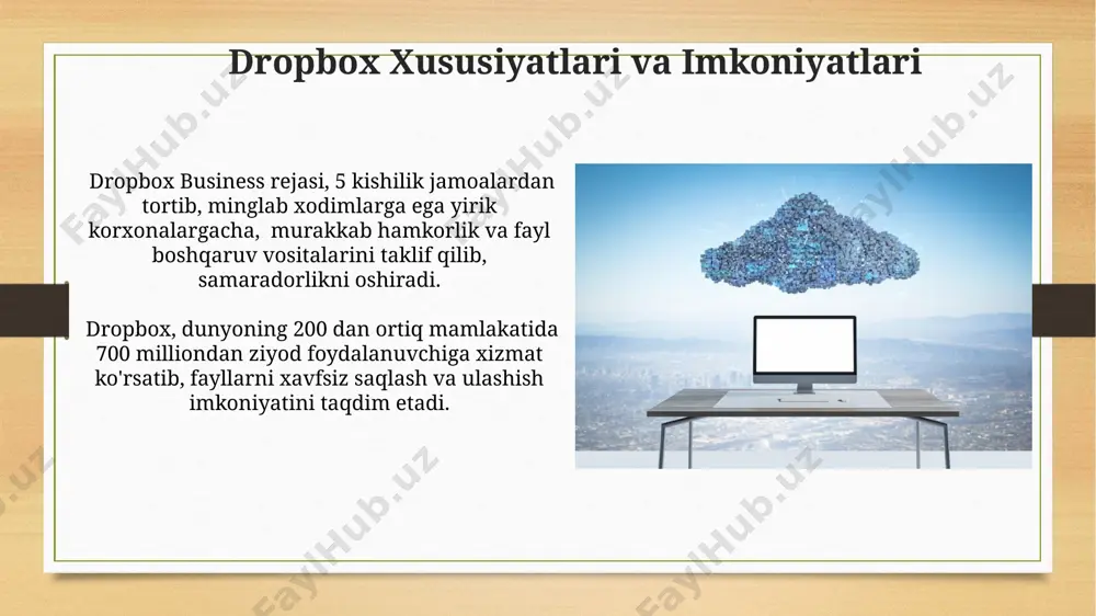 ʻylab turli xil xizmatlar va dasturlarni dropbox bilan integratsiya qilgan, bu esa platforma imkoniyatlarini sezilarli darajada kengaytirdi. dropbox mobil ilovalari ilova, 2 gb gacha bo'lgan fayllarni bepul saqlash imkoniyatini taqdim etadi, lekin qo'shimcha xotira uchun obuna rejalarini taklif qiladi va shuningdek, oflayn rejimida ham 5000 dan ortiq fayllarni saqlash imkonini beradi. dropbox mobil ilovalari orqali 200 dan ortiq mamlakatda 700 million foydalanuvchi fayllarni sinxronlashtirishi va ulashay oladi, bu esa global miqyosdagi hamkorlikni ta'minlaydi. dropbox hamkorlik va jamoa ishini boshqarish dropbox business’ning hujjatlarni birgalikda tahrirlash va sharhlash funksiyalari samarqanddagi 12 kishilik dizayn jamoasiga 40% ga yaqin vaqt tejash imkonini berib, loyiha muvofiqlashtirish jarayonini soddalashtirdi. dropbox’ning 30 dan ortiq mamlakatdagi jamoalari oʻrtasidagi hamkorlikni yaxshilashda fayl almashish va real vaqtda tahrirlash imkoniyatlari muhim rol oʻynaydi, bu esa loyihalarni 20% tezroq yakunlashga yordam beradi. dropbox bulut platformasi umumiy ma'lumot dropbox bulut platformasi dunyo bo'ylab 700 milliondan ortiq foydalanuvchiga xizmat ko'rsatib, 170 dan ortiq mamlakatda …