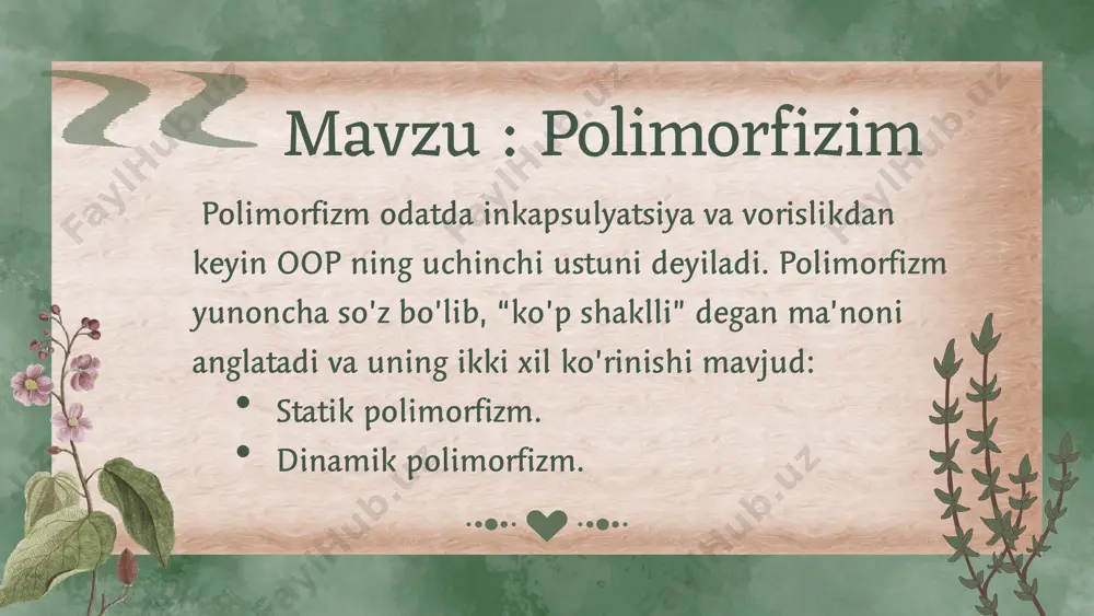 ki turi mavjud: programma kompilatsiya bo'layotgan vaqtda sodir bo'ladigan polimorfizm (compile time polymorphism, static polymorphism) va programma ishlab turgan vaqtda sodir bo'ladigan polimorfizm (runtime polymorphism, dynamic polymorphism). javada polimorfizm metodlarni qayta yuklash (overload) va qayta yozish (override) bilan amalga oshiriladi. agar metodni qayta yuklansa (overload) bu — compile time polimorfizmga misol bo'ladi. ya'ni, agar class ichida bir xil nomli, ammo argumentlarning soni yoki argumentlarning ma'lumot tipi (yoki ikkalasi) farq qiladigan metodlar mavjud bo'lsa, bu compile time polimorfizm bo'ladi. dastlab casting, up-casting va down-casting tushunchalari bilan tanishib olaylik (aslida, runtime polimorfizmni tushunish un faqat up-casting ni o'zini bilish yetadi, ammo men to'lqiroq yozdim). obyektni bir toifadan boshqa toifaga o'tkazishgacasting deyiladi. compile time polimorfizm runtime polimorfizm e’tiboriz uchun rahmat! image1.jpeg image2.jpeg image3.png image4.png image5.svg image6.png image7.svg image8.png image9.svg image10.jpeg image11.jpeg image12.png image13.svg image14.png image15.svg image16.png image17.svg image18.png image19.png image20.svg image21.png image22.svg image23.png image24.svg image25.png image26.png image27.svg image28.png image29.svg /docprops/thumbnail.jpeg