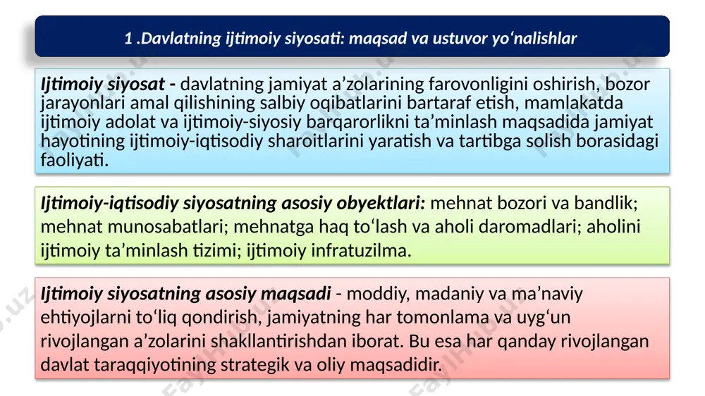 03 berilayotgan imtiyozlar, afzalliklar va imtiyozlarning asoslanganligi 05 aholining zaif himoyalangan guruhlarini qo‘llab-quvvatlash, ularni manzilli qo‘llab-quvvatlash 04 ijtimoiy sohada davlat va jamoatchilik nazorati 07 ijtimoiy soha mazmuni bo‘yicha og‘irlik markazini mahalliy hokimiyat darajasiga ko‘chirish 06 ijtimoiy siyosatning oshkoraligi, o‘tkazilayotgan ijtimoiy o‘zgarishlar natijalarini jamoatchilikka taqdim etish 08 1 .davlatning ijtimoiy siyosati: maqsad va ustuvor yo‘nalishlar ijtimoiy siyosatning asosiy prinsiplari ijtimoiy siyosatning zamonaviy modellari paternalistik sotsialistik model - fuqarolarning ijtimoiy-iqtisodiy ahvoli uchun davlatning har tomonlama javobgarligi, barcha tovarlar va xizmatlarni ishlab chiqarish va taqsimlash sohasida davlat monopoliyasi, fuqarolarning davlatga nisbatan sodiqligi. ijtimoiy siyosatning shved modeli - juda katta mas’uliyat va davlat tomonidan ijtimoiy sohani yuqori darajada tartibga solish bilan tavsiflanadi (shved sotsializmi). fuqarolarning yuqori darajadagi ijtimoiy himoyasini ta’minlaydi. u tadbirkorlik va aholiga yuqori soliq bosimi bilan ajralib turadi, bu boshqa mamlakatlar uchun jozibador emas; “farovonlik davlati” modeli - ijtimoiy sohani yuqori darajada tartibga solishning tipik bozor modeli hisoblanadi. davlat bozor xo‘jaligiga ustuvorlik …