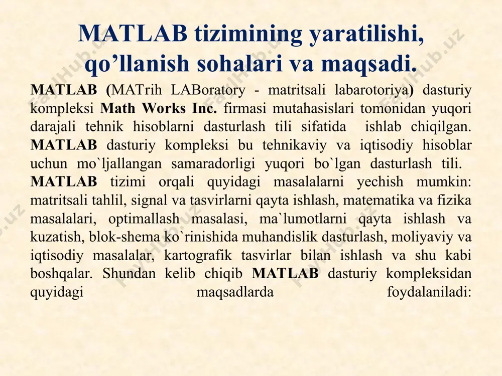 vektor ko`rinishda beradi: ans = 34 34 34 34 matritsaning satr bo`yicha elementlari yig’indisini hisoblash uchun matritsaning satr va ustunlarining o`rinlari almashtiriladi, ya`ni a matritsaga nisbatan transponirlangan a* matritsaning ustunlari bo`yicha yig’indisi hisoblanadi. matritsani transponirlash matlab da apostrof bilan belgilanadi, ya`ni a*=a', va transponirlangan a* matritsaning ustunlari bo`yicha yig’indisi: >> diag(a) komanda orqali ajratib olamiz, natija: ans = 16 10 7 1 va bu elementlar summasi >> sum(diag(a)) ans = 34 matritsaning ikkinchi diagonali >> diag(fliplr(a)) ans = 13 11 6 4 va bu elementlar summasi >> sum(diag(fliplr(a))) ans = 34 bu erda fliplr(a) komandasi matritsani chapdan o`nga aksini aniqlaydi ya`ni, >> fliplr(a) ans = 13 2 3 16 8 11 10 5 12 7 6 9 1 14 15 4 bundan maqsad teskari diagonal (antidiagonal) ni aniqlash. matritsalar ustida bajariladigan arifmetik amallar 1-jadvalda keltirilgan. 1-jadval arifmetik amallar boshlang’ich qiymatlar komanda natija matritsalar yig’indisini hisoblash a=[ 1 3 2; 5 …