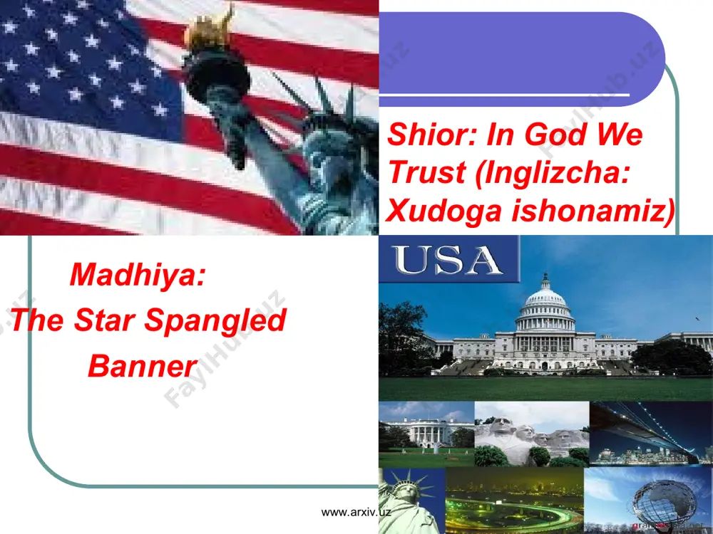 nunchilik organiga ega. mazkur organ shtatlar doirasida qonunlar qabul qiladi, shtatlarning ijtimoiy iqtisodiy rivojlanish istiqbolini belgilaydi arizona,florida, michiganda qonunchilik organi legislature delevor , jorjiya,missurida bosh assambleya massachusets va neyu hempshir shtatlarida bosh hay’at deb nomlanadi www.arxiv.uz www.arxiv.uz senator eng kamida 30 yosh bo`lishi va aqsh hududida eng kamida 9 yil muddat davomida yashagan bo`lishi kerak. senat raisi vitse prezident 4 yil muddatga saylanadi. vakilar palatasi a’zosi har yil saylab qo`yiladi. vakillar palatasi a’zolarining soni muayyan shtatdagi aholi soniga bog`liq. vakillar uyi palatasi raisi speker. vakil , qonunga muvofiq 25 yosh bo`lishi va aqsh hududida 7 yil davomida yashagan bo`lishi kerak. kongress har yili eng kamida bir marotaba yig`iladi. bu kabi yig`ilishlar , qonunda boshqa muddat nazarda tutilmagan bo`lsa , dekabrning birinchi dushanbasida o`tkaziladi. www.arxiv.uz www.arxiv.uz aqsh konstitutsiyasiga muvofiq ijro hokimyati prezidentga tegishlidir. prezidentning rah- bariy burchlari bu: konstitutsiyani qabul qilish; qonunlarni tatbiq etish qonun loyihalarini parlamentga tavsiya etish parlamentning maxsus …