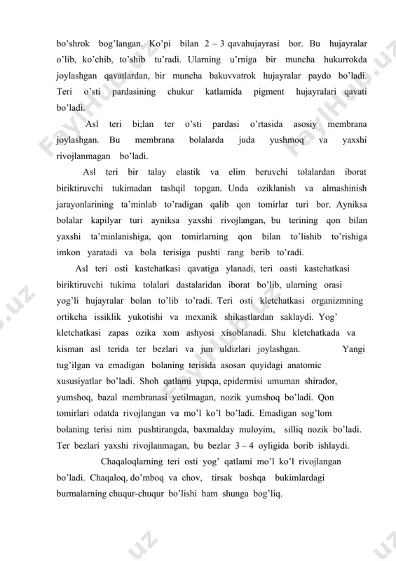i himoya, bolalarda bu funksiya mukammal rivojlanmagan bo’ladi. shuning uchun har qanday yorilgan, shilingan joylardan infeksiya kirishi mumkin. terining yana bir funksiyasini ham yaxshi rivojlanmagan bo’ladi shu sababdan xavo temperasi pasayganda bola badani tez sovqotib qoladi va temperature ko’tarilganda issiqlab ketadi. teri kasalliklari. kutir – teri kasalligi bo’lib, uni kutir kanallari paydo qitadi. kana teriga qirib o’ziga yul ochadi va badanni xaddan tashqari kattik qicishtiradi, qicinish issik paytda va kechasi kuchayada. teri qichinish jarayonida tirnalib, usha joylarida ba’zan ekzema, yiringa toshmalar, chiqonlar paydo bo’ladi. odamga qutir kasalligi hayvonlardan qishilarga yaqin bo’lganda yoki o’sha kishilarning buyumlaridan yuqadi. kal va temiratki zamburutlar kuztatadngan kasallik bo’lib, teri va sochlarni, gohida tirnoqlarni shikastlantiradi. bu kasalliklar juda yuqumli bo’lib, o’zoq vaqtgacha davolanishni talab etadi. kal va temiratki kasalligini kuzgatuvchilari kasal uy hayvonlari, mushuk, it, quyon va boshqa hayvonlarni junida bo’ladi. kasallar darhol kasalxonaga yotkiziladi. teri va soch kasalliklar oldini olish badan terisi, ichki va tashki …