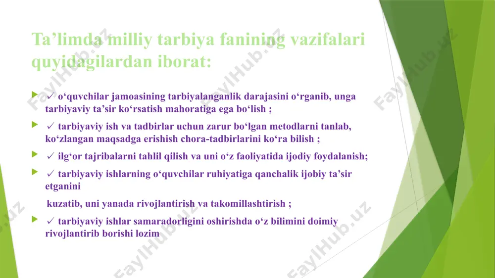 aoliyati, estetik faoliyat.) 4-qonuniyat. tarbiyalanuvchi aktiv faoliyati bilan tarbiyaviy ta’sir o`rtasidagi qonuniy aloqa mavjudligi. pedagoglarning bolalarga tarbiyaviy ta’sir ularning aktiv faoliyatini tashkil qilishni, muloqat, intellektual, emotsional va irodaviy sifatlarni shakllantirishni nazarda tutadi. tarbiya qoidalari 1. tarbiya jarayonida yuqori talabchanlik bilan birga bola shaxsini hurmat qilish qo`shib olib boriladi. 2. tarbiya jarayonida bolalar oldida istiqbollar ochiq, muvaffaqiyatlardan ilhomlanishni tarbiyalash lozim. 3. tarbiya jarayonida bolalarning ijobiy xislatlariga tayanib ish olib borish lozim. 4. tarbiya jarayonida bolalarning yosh va psixologik xususiyatlari hisobga olinadi. 5. o`quvchilarni jamoa orqali va jamoada tarbiyalash uning samaradorligini ta’minlaydi. 6. tarbiya jarayonida maktab, oila, mahalla va jamoatchilik xamkorligi uni to`laqonli qiladi. /docprops/thumbnail.jpeg