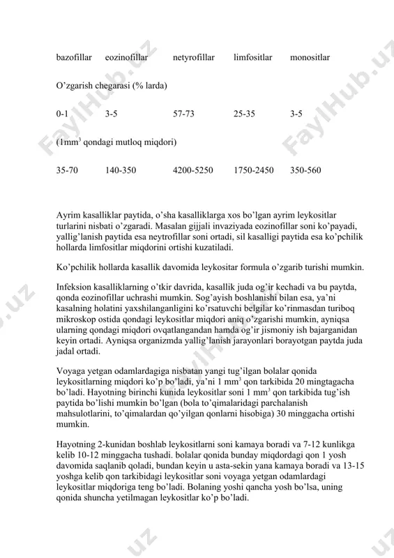 hollarda limfositlar miqdorini ortishi kuzatiladi. ko’pchilik hollarda kasallik davomida leykositar formula o’zgarib turishi mumkin. infeksion kasalliklarning o’tkir davrida, kasallik juda og’ir kechadi va bu paytda, qonda eozinofillar uchrashi mumkin. sog’ayish boshlanishi bilan esa, ya’ni kasalning holatini yaxshilanganligini ko’rsatuvchi belgilar ko’rinmasdan turiboq mikroskop ostida qondagi leykositlar miqdori aniq o’zgarishi mumkin, ayniqsa ularning qondagi miqdori ovqatlangandan hamda og’ir jismoniy ish bajarganidan keyin ortadi. ayniqsa organizmda yallig’lanish jarayonlari borayotgan paytda juda jadal ortadi. voyaga yetgan odamlardagiga nisbatan yangi tug’ilgan bolalar qonida leykositlarning miqdori ko’p bo’ladi, ya’ni 1 mm3 qon tarkibida 20 mingtagacha bo’ladi. hayotning birinchi kunida leykositlar soni 1 mm3 qon tarkibida tug’ish paytida bo’lishi mumkin bo’lgan (bola to’qimalaridagi parchalanish mahsulotlarini, to’qimalardan qo’yilgan qonlarni hisobiga) 30 minggacha ortishi mumkin. hayotning 2-kunidan boshlab leykositlarni soni kamaya boradi va 7-12 kunlikga kelib 10-12 minggacha tushadi. bolalar qonida bunday miqdordagi qon 1 yosh davomida saqlanib qoladi, bundan keyin u asta-sekin yana kamaya boradi va 13-15 yoshga …