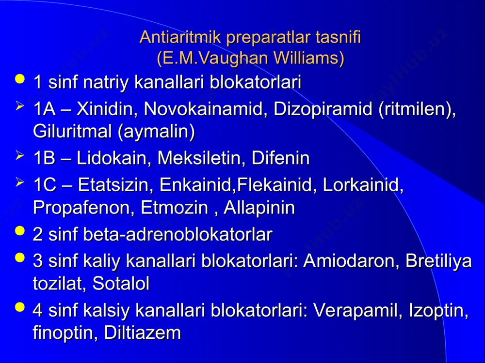 -faza). lidokain t repolyarizatsiyani t e z l a sh t i r a d i (faza 3). lidokain, purkine tolalarida: - qo‘zg‘aluvchanlik va o‘tkazuvchanlikni susaytiradi (xinidindan kuchsiz); - avtomatizmni susaytiradi; - xarakat potensiali va effektiv refrakter davr davomiyligini qisqartiradi. lidokainning sinoatrial va atrioventrikulyar tugunlarga ta’siri sinoatrial tugunga lidokain ta’sir ko‘rsatmaydi. atrioventrikulya tugunga kuchsiz tormozlovchi ta’sir etadi. qorinchalar taxiaritmiyasi va ekstrasistoliyasida, xususan, miokard infarktida lidokain eritmasi vena ichiga yuboriladi . atrioventrikulyar o‘tkazuvchanlikni qisman tormozlagani tufayli ii-iii darajali atrioventrikulyar blokadada qarshi ko‘rsatma xisoblanadi. meksiletin lidokaindan farqli ravishda nafaqat vena ichiga balki ichishga xam tavsiya etiladi. difenin yurak glikozidlaridan zaxarlanishda kelib chiquvchi aritmiyalarda yuqori effektiv 1-s sinf purkine tolalariga ta’siri is guruh preparatlari purkine tolalarida tez depolyarizatsiya bosqichi (0-faza) tezligini yaqqol kamaytiradi va 4-fazani sekinlashtiradi, ammo 3-fazaga ta’sir etmaydi shuning uchun bu preparatlar purkine tolalarida qo‘zg‘aluvchanlik va o‘tkazuvchanlikni yaqqol pasaytiradi va bu tolalar avtomatizmini xam susaytiradi. atrioventrikulyar tugunga ta’siri flekainid va propafenon …